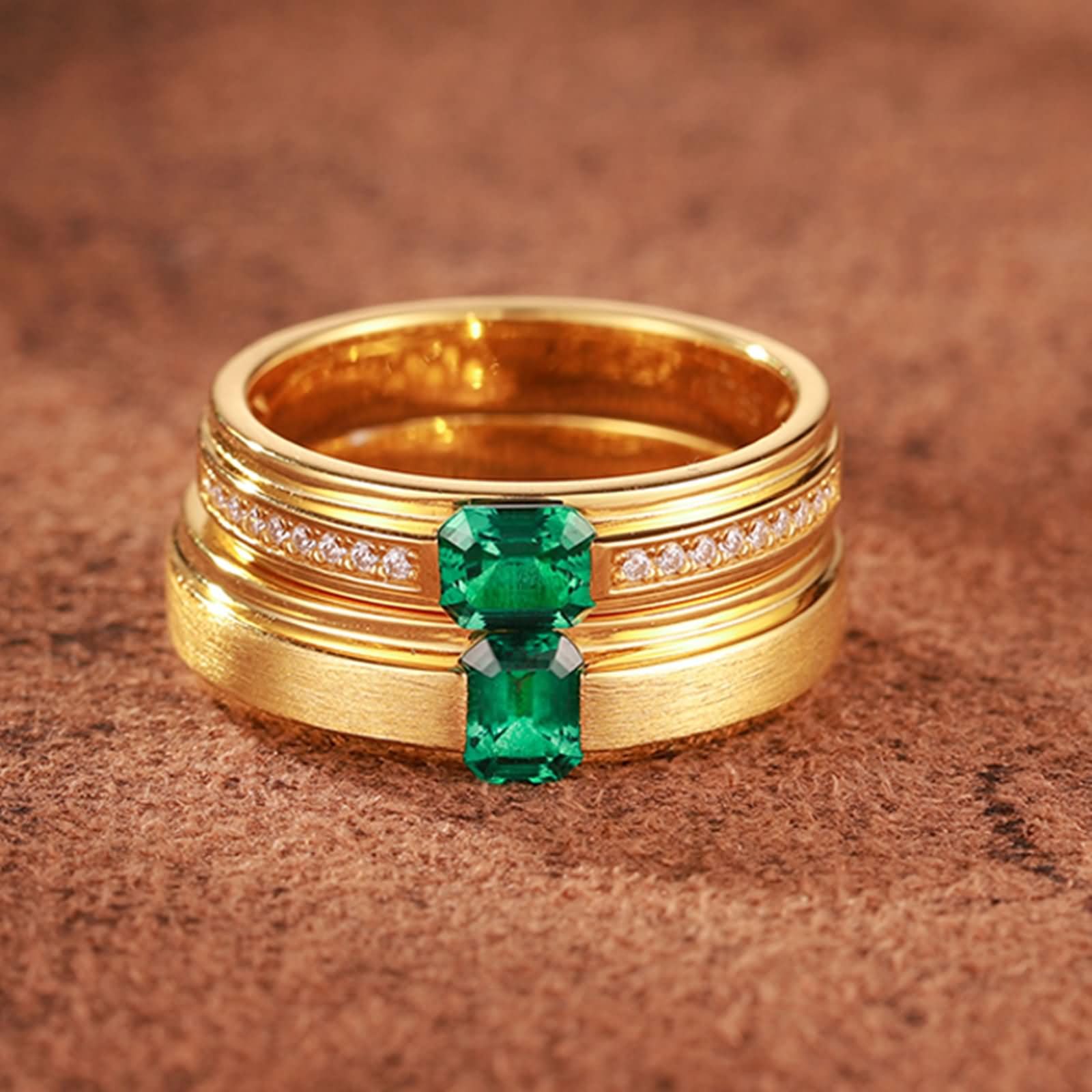 Anillos Boda de Oro Amarillo 9K / 14K / 18K para Parejas, Redondo Pulido y Rectángulo con Esmeralda de 0,5 ct y Moissanita, Anillos de Promesa Oro Verde Mujer Hombre