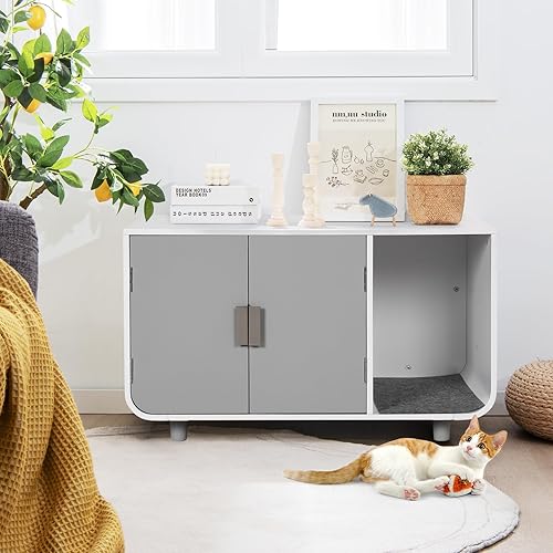 Miniatura 2 de Tangkula Mueble de caja de arena para gatos, baño oculto para gatos con patas y tapetes de madera de goma, casa interior para gatos de tamaño