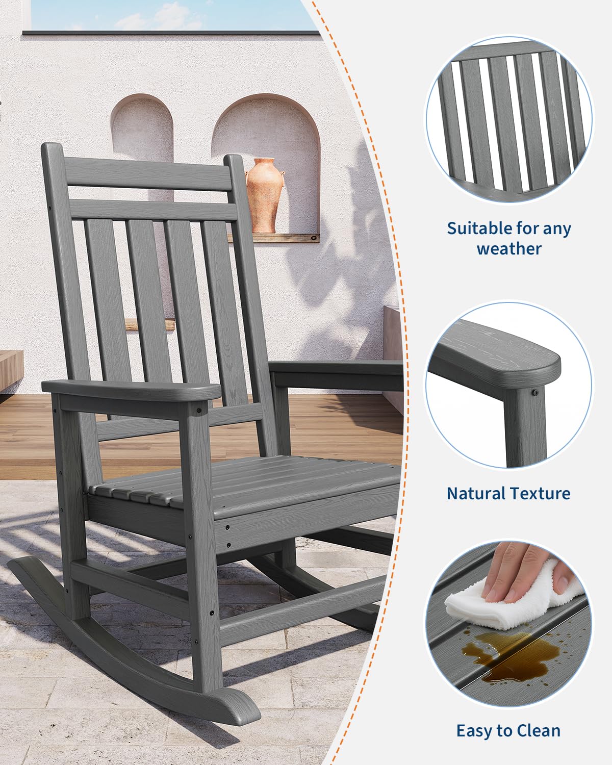 Sedia a Dondolo Da Giardino in HDPE - Schienale Alto, Braccioli Larghi - Robusta, Resistente Alle Intemperie - Stile Legno Pressato - Ideale Per Terrazza, Patio, Giardino