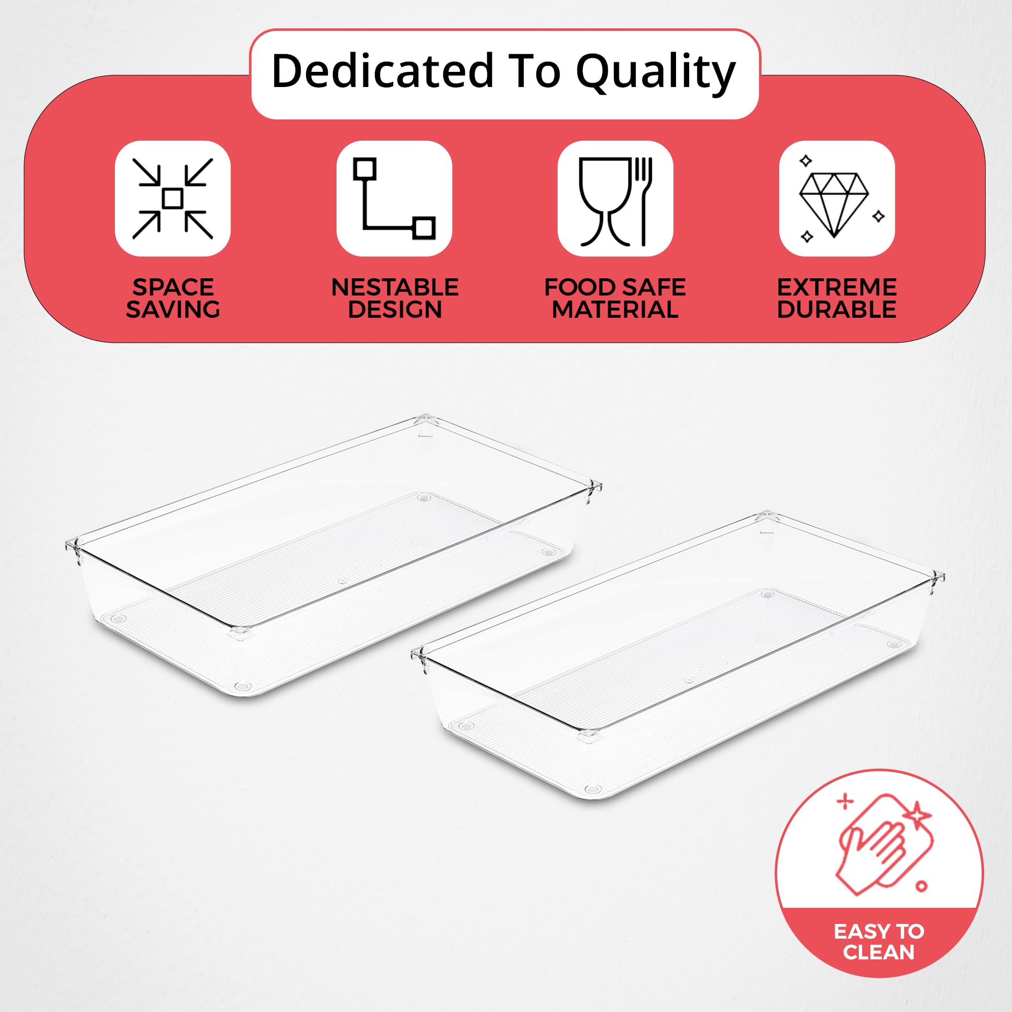 Organizer Per Cassetti 3 Pezzi: Plastica Trasparente Resistente, Per Posate, Trucco E Ufficio (15x30x5 Cm) - 3