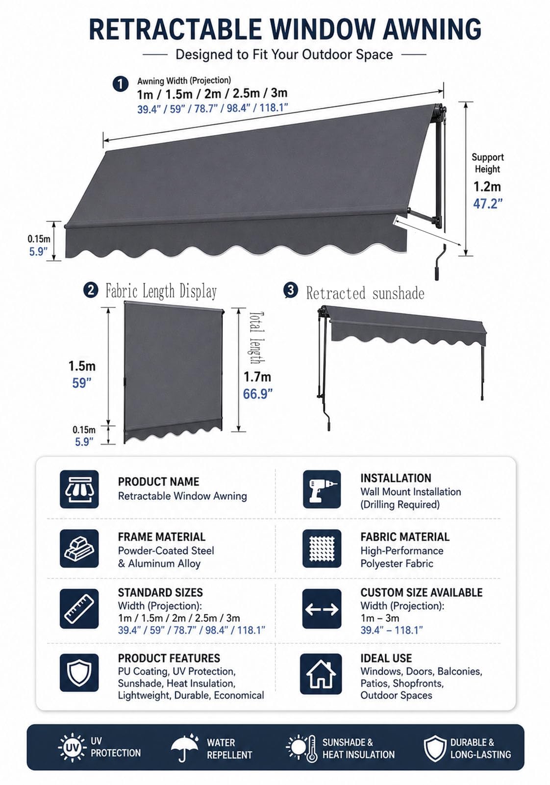 Manivelle rétractable à main avec protection UV et imperméable pour boutiques, cafés, portes et porches Marron à rayures 1 m