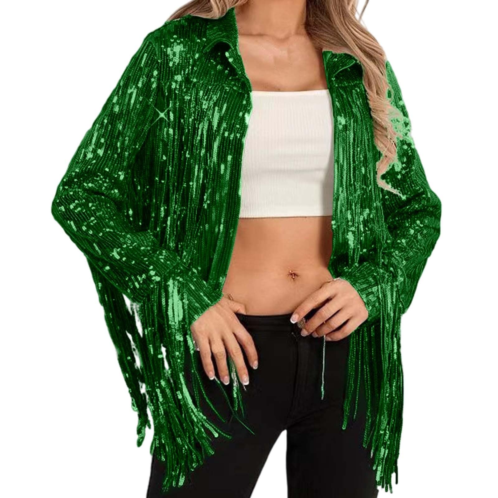Generisch Disfraz de carnaval para mujer, chaqueta de lentejuelas con purpurina, chaqueta de los años 70 y 80, monocolor, hippie, ropa de calle, cárdigan frontal abierto con borla