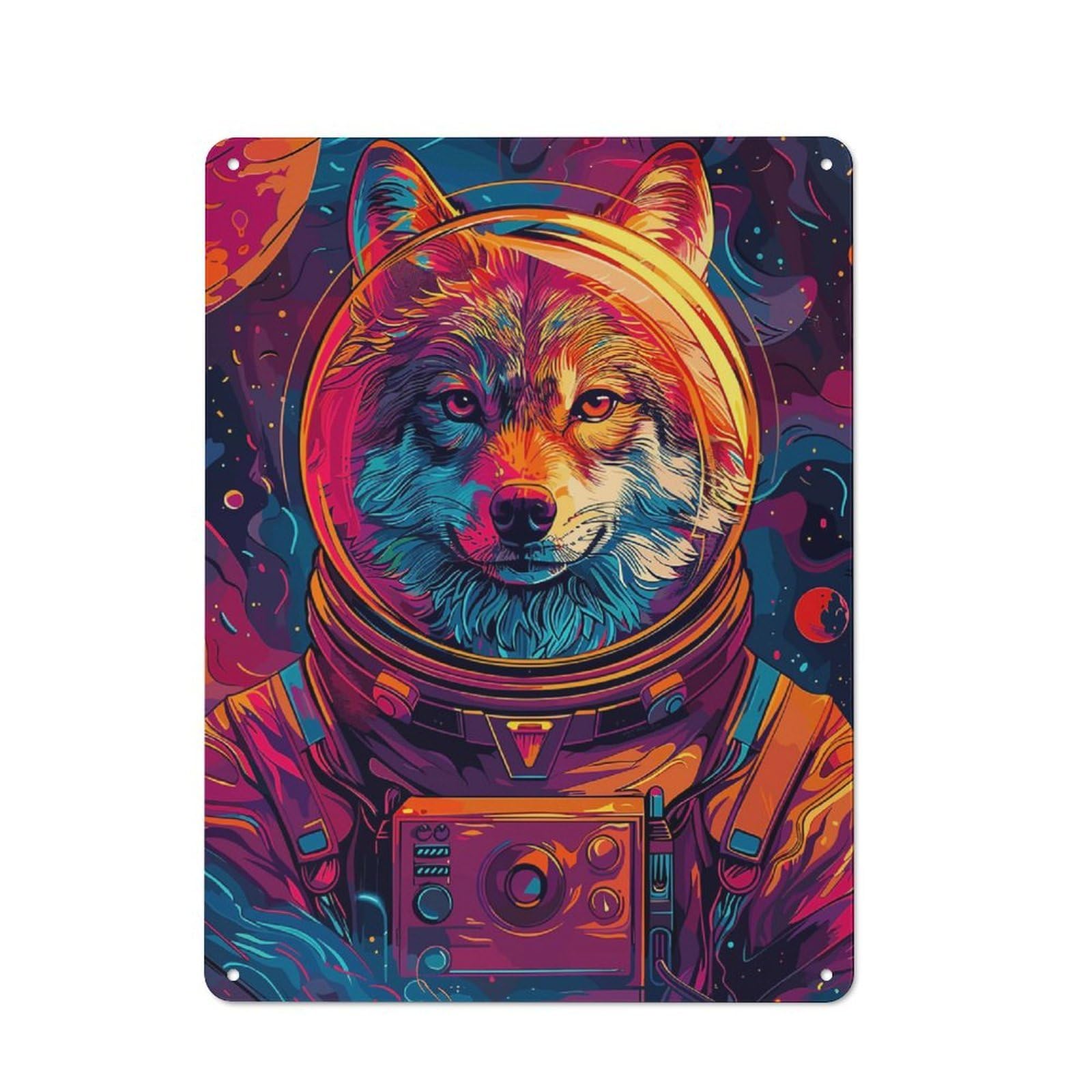 Junmoney Astronaut Space Wolf Tin Wall Plaque 40X30cm With For Living Room Or Hallway, For Garage, Workshop And Man Cave Decoration
