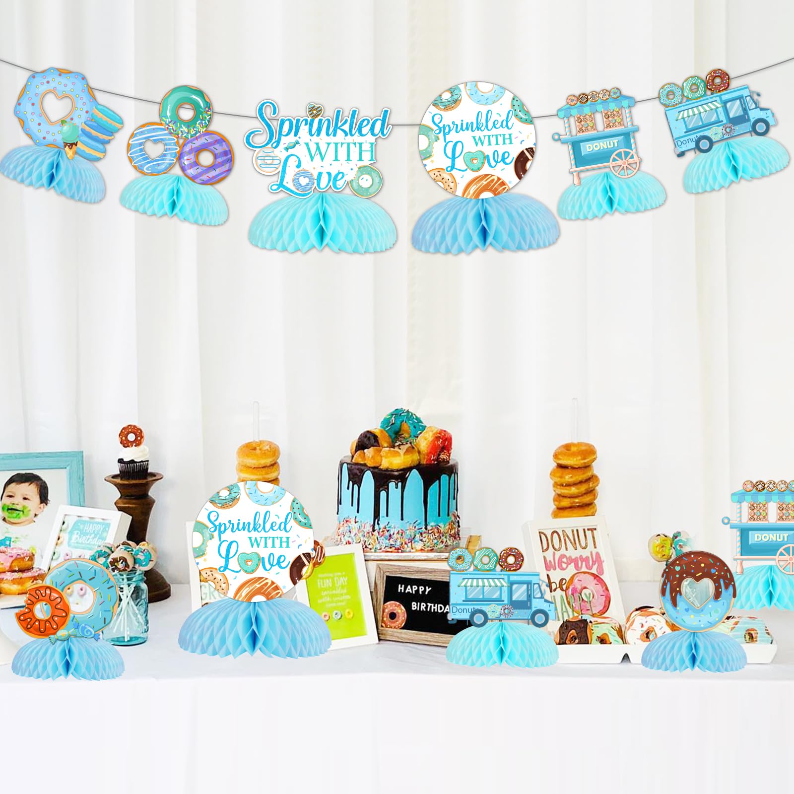 Donut Sprinkle Honeycomb Centerpieces for Boy, Donut Baby Shower Decorations Blue Sprinkled with Love Centerpiece Donut Table Decorations for Boy Baby Shower Party