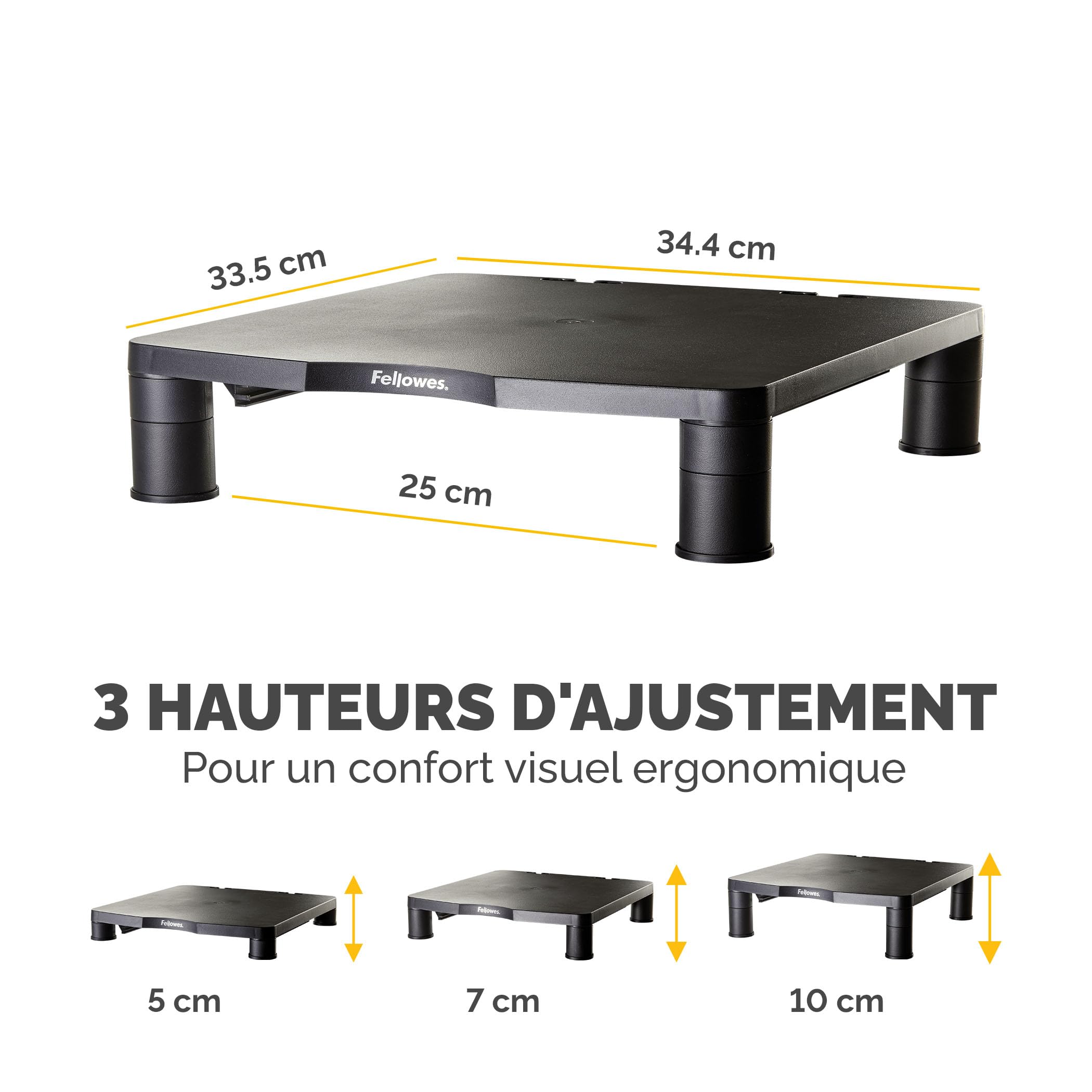 Fellowes Support d'écran Everyday Noir Réglable en Hauteur 3 Niveaux Ergonomique Gestion des câbles Charge Max 27 kg