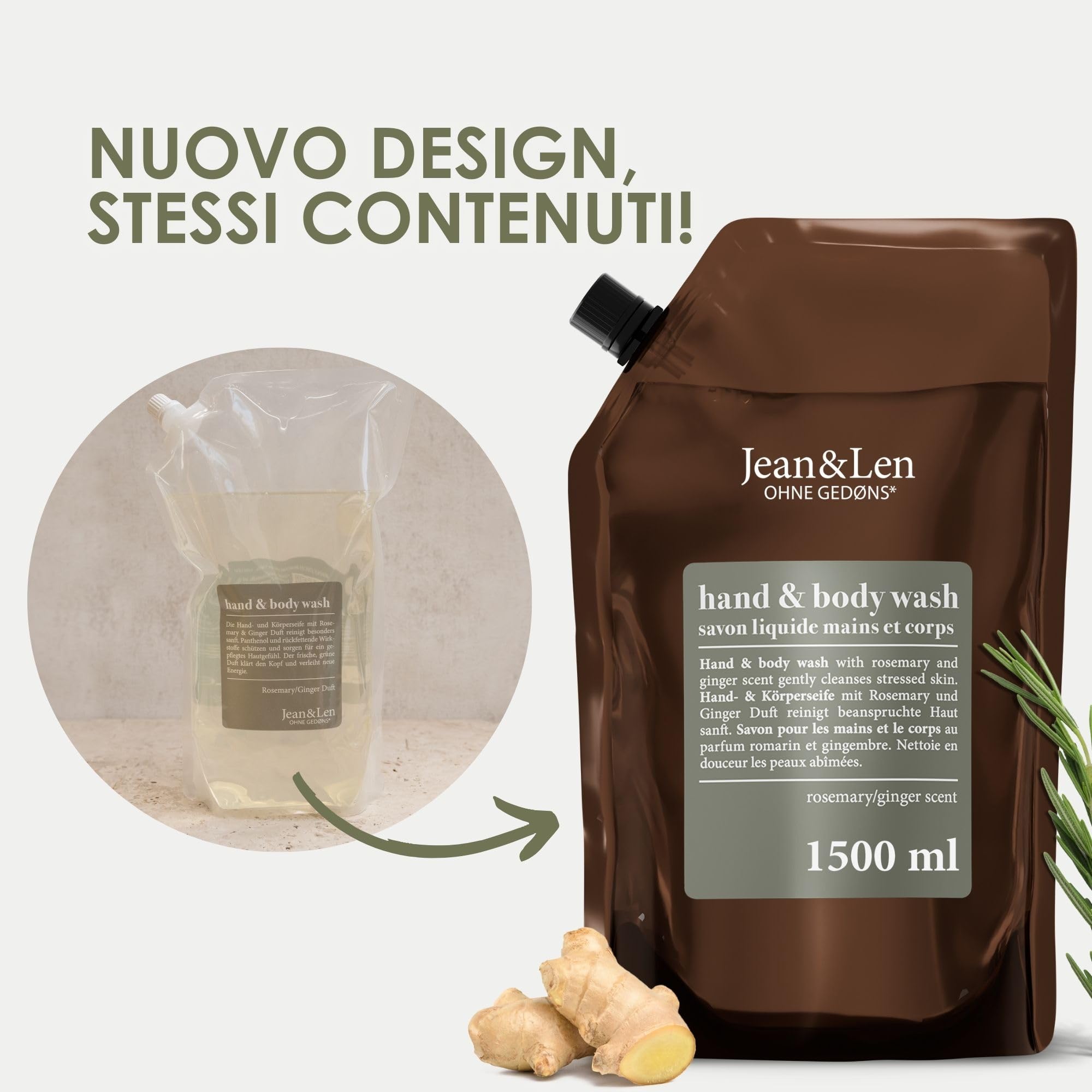 Jean & Len Hand & Body Wash Rosemary & Ginger, con ricarica, deterge e cura la pelle, senza parabeni e siliconi, flacone in vetro da 500 ml e ricarica da 1,5 L nel pratico set