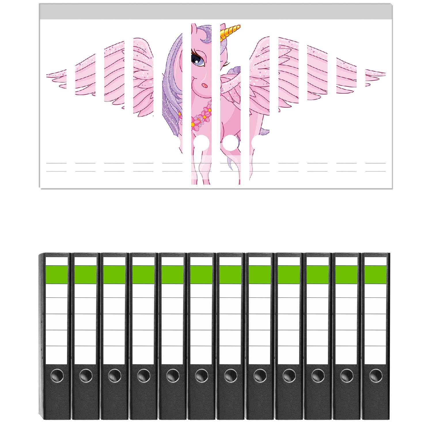 Wallario 12 Stück schmale Ordner inkl. Klebeetiketten mit Motiv Rosa Einhorn mit großen Flügeln - Set mit Rückenschildern/Ordnerrücken Stickern