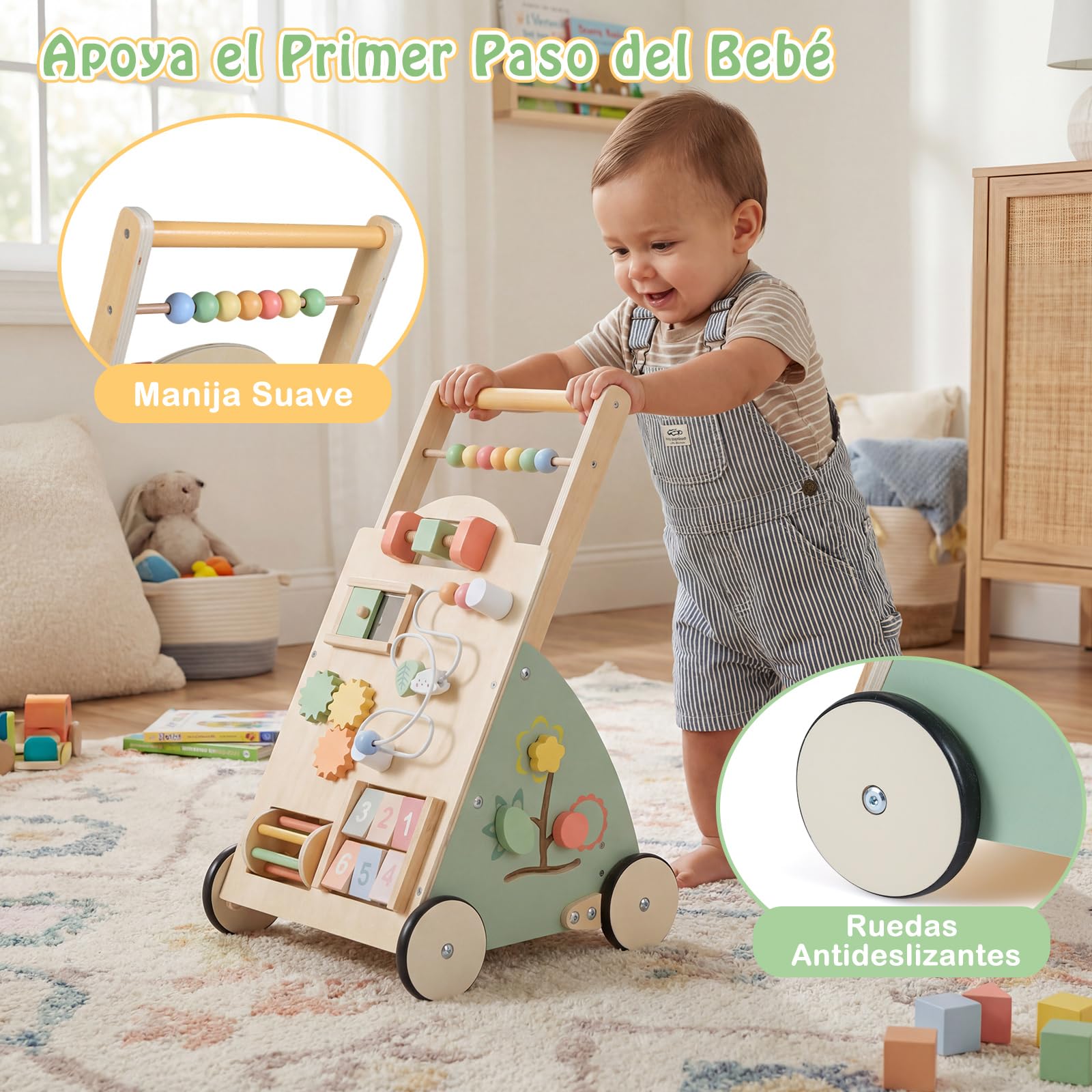 COSTWAY Andador Madera Montessori, Andador Bebe con Ruedas y Cesta de Almacenamiento, Juguete Montessori para Caminar y Centro de Actividades para Niños de 1+ Años