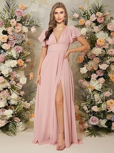 Miniatura 7 de Leeskoot Vestidos de dama de honor con mangas con vuelo para mujer, para boda, 2023, largo de gasa, acampanado, cuello en V, vestido de noche con