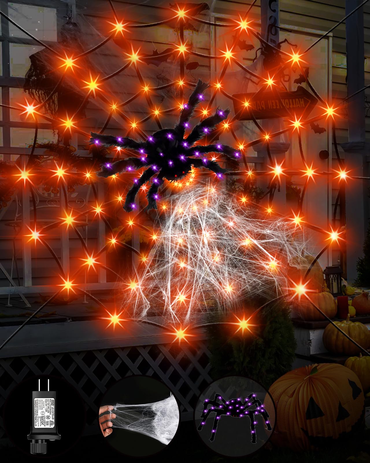 Halloween Decorations 8.2FT Spider Web Lights String Lights for Outside, 96LED Waterproof Plugin Net Lights with 8 Modes & Timer, Light Up for Home Party Indoor Outdoor Garden Yard Decor(Orange)