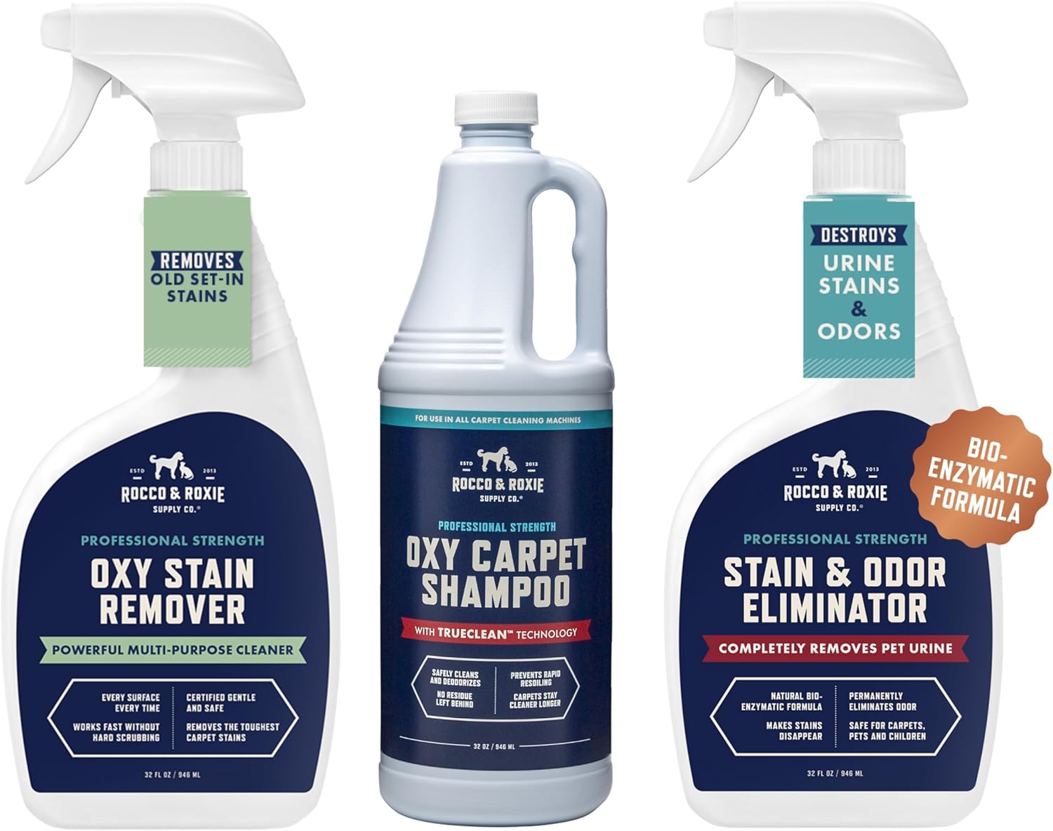 Rocco & Roxie Supply Co. Ultimate Pet Stain & Odor Eliminator for Home Bundle - Oxy Carpet Cleaner Solution - Urine Enzyme Spray - Laundry Stain Remover