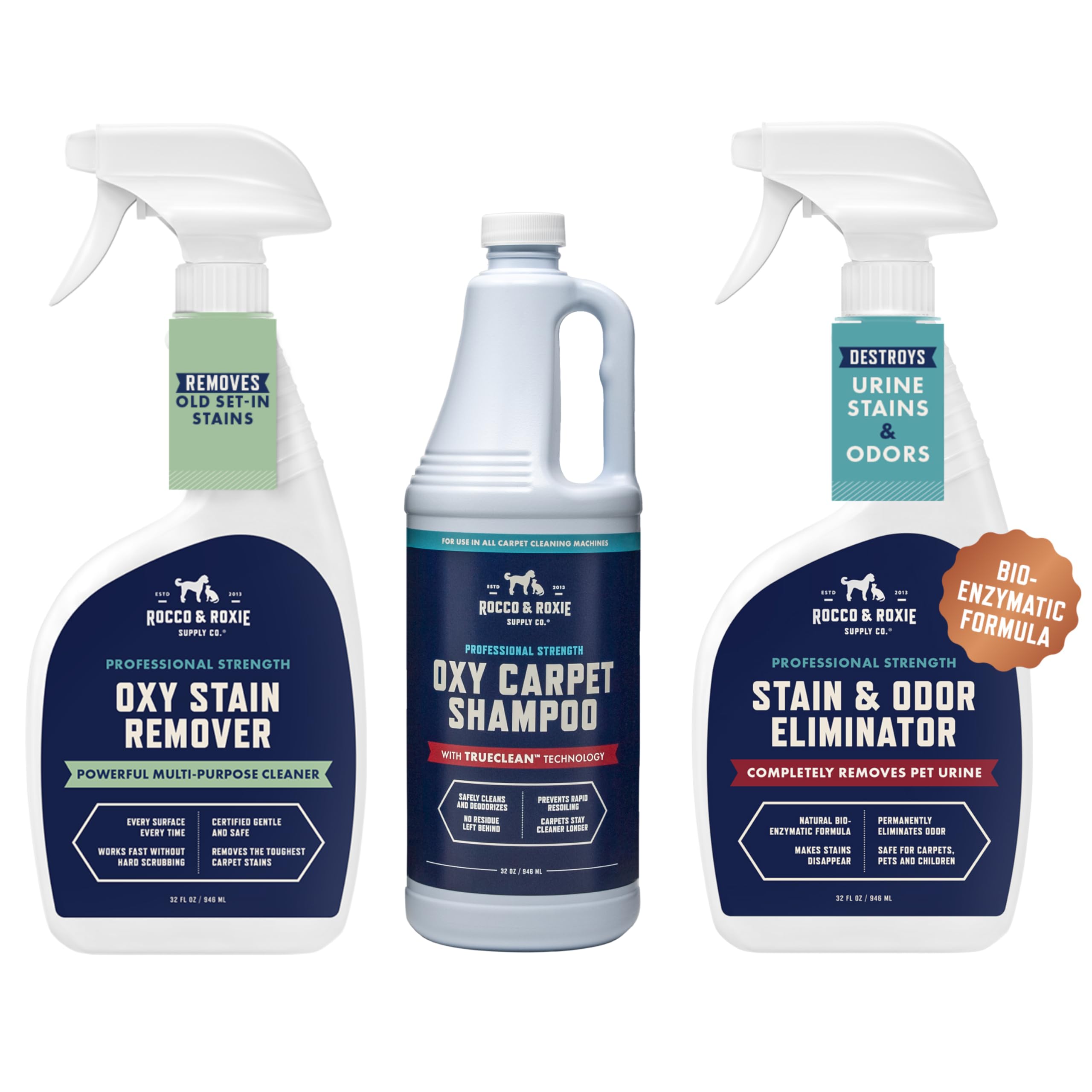 Rocco & Roxie Supply Co. Ultimate Pet Stain & Odor Eliminator for Home Bundle - Oxy Carpet Cleaner Solution - Urine Enzyme Spray - Laundry Stain Remover