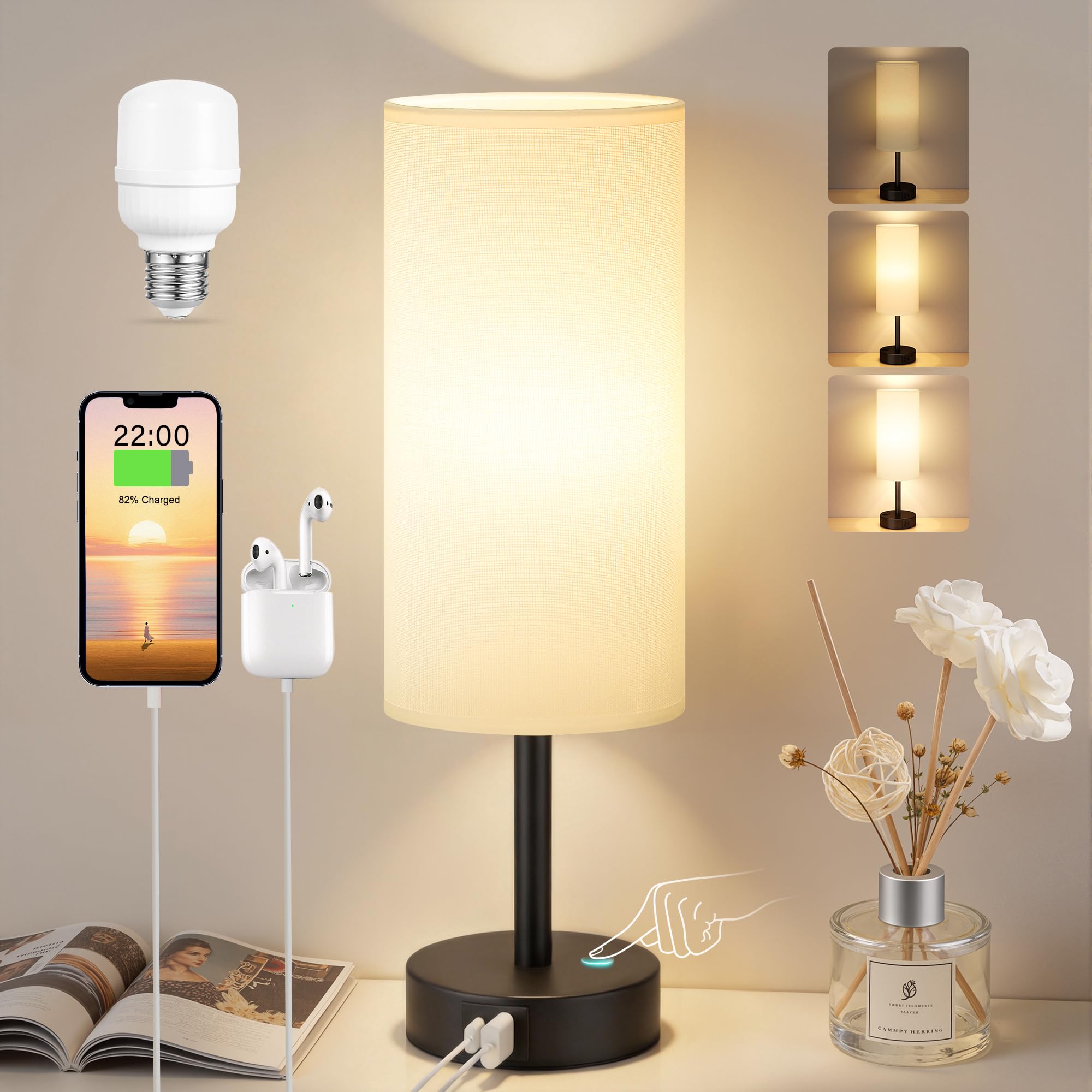 PreeOtti Nachttischlampe Touch Dimmbar, Tischlampe mit USB A+C Ladefunktion, Lampenschirm aus Leinenstoff, Touch Lampe für Nachttisch Wohnzimmer Schlafzimmer Kinderzimmer Büro(Inklusive Birne)
