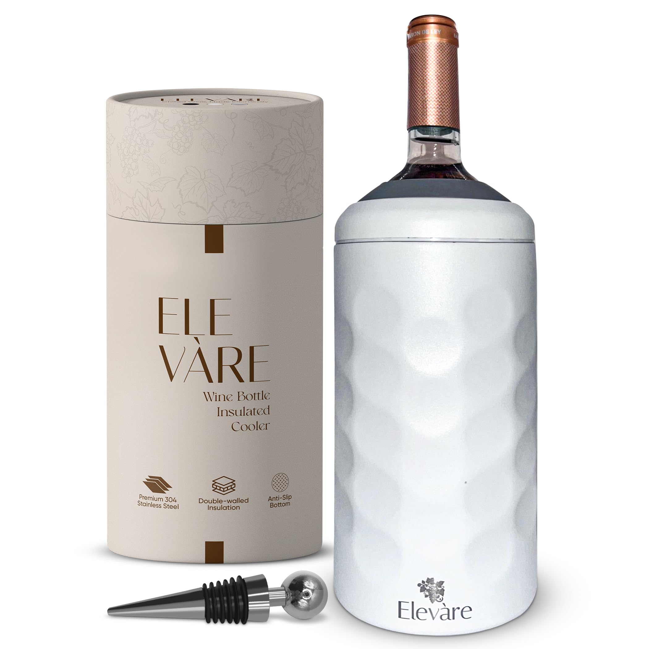 Wine Cooler with Stopper | Up to 6-Hours Chill | Double-Walled Stainless Steel | Premium Gift-Ready Cooler for Wine & Champagne Lovers | White