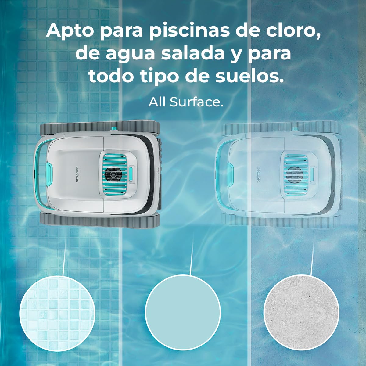 Cecotec Robot Limpiapiscinas para Fondos, Paredes y Línea de Flotación Conga Pooldroid 5000 TotalClean Pearl. Superficies 100m2, Pendiente Máx 90º, Autonomía 120mins, Filtro Alta Eficiencia 180μm, 4L