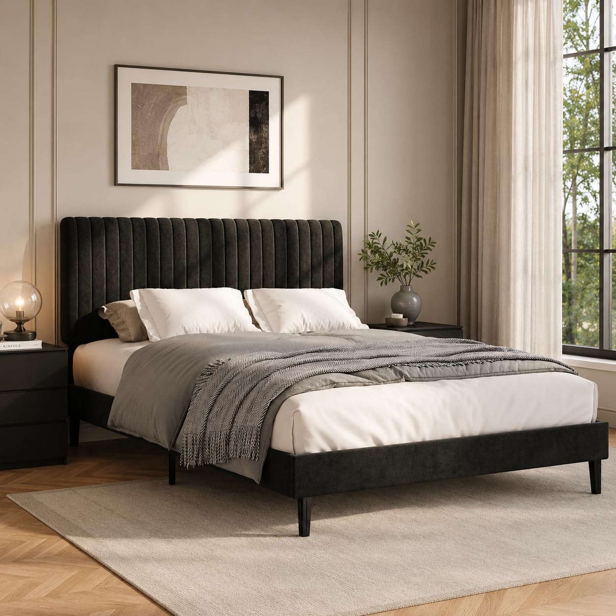HOMBCK King Size Bed Frame, Upholstered Platform Bed with Velvet Channel Tufted Headboard, Wood Slat Support, No Box Spring Needed, Black, 150x 200