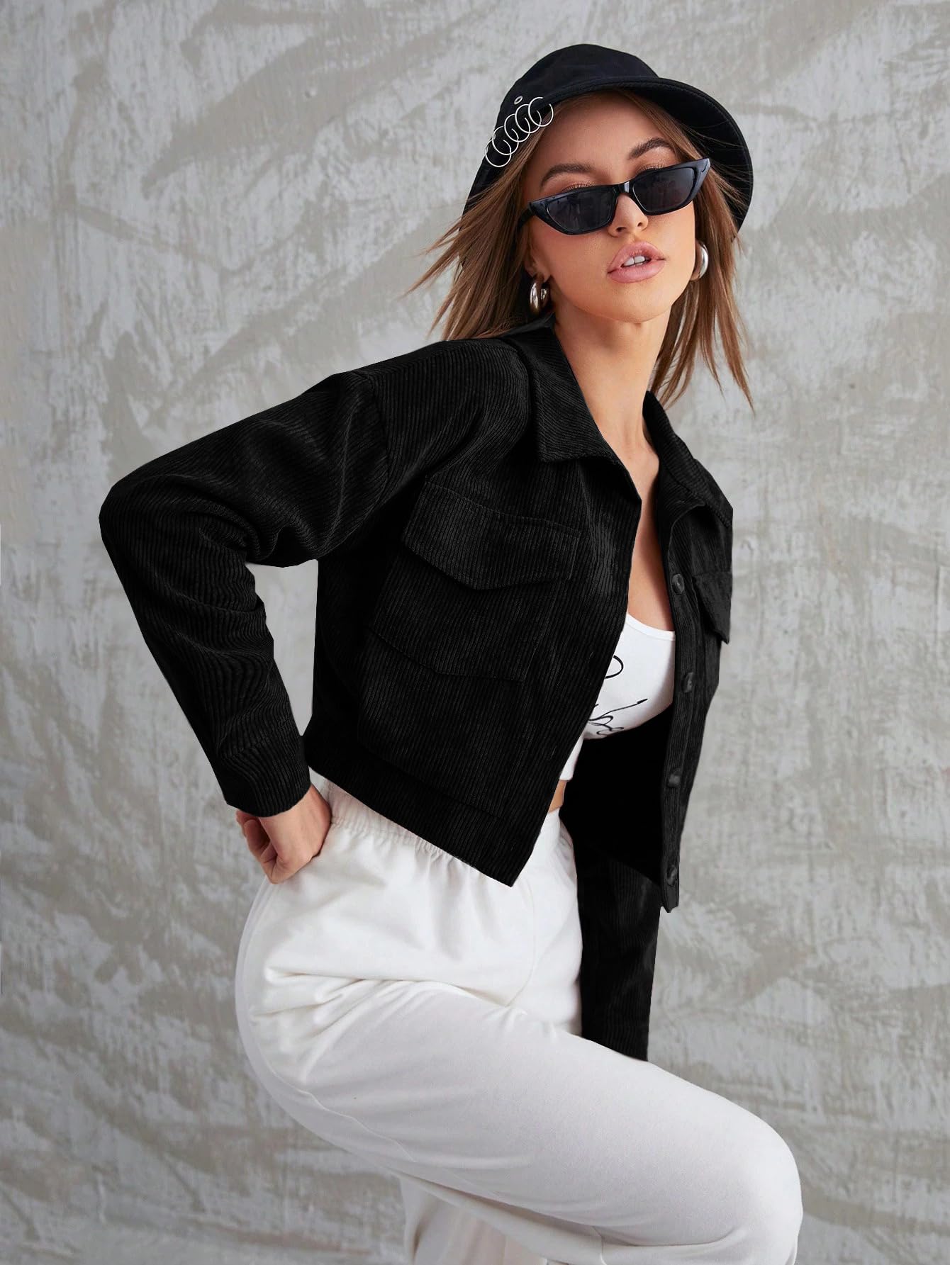 SHIENZY Jacket for Woman | Full Sleeve Corduroy Cropped Shacket for Women | Korean Style Lightweight & Stylish Casual | Button-Down Front with Two Pockets Outerwear (1684_BK)