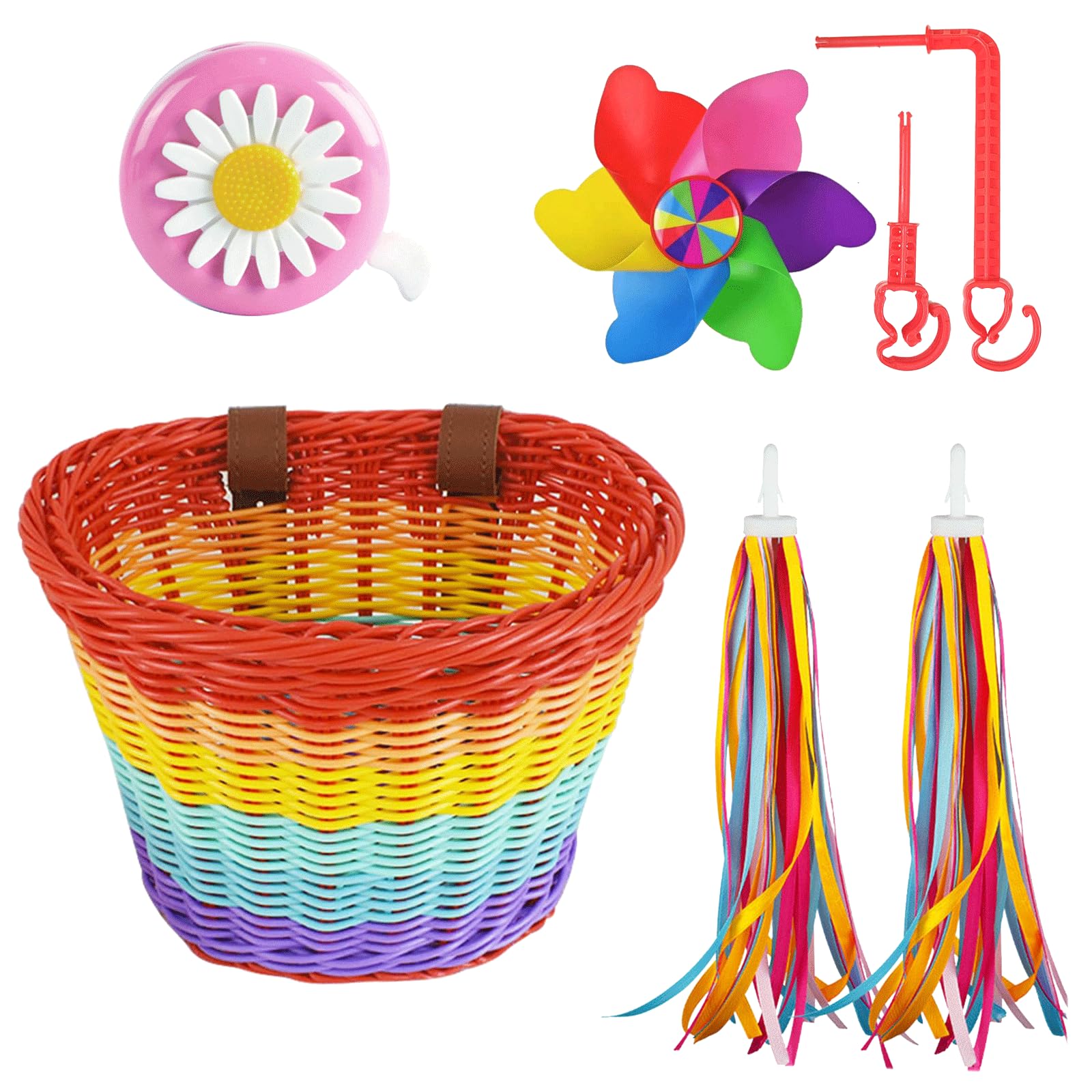 Panier De Vélo Avant Tissé Pour Enfant – Avec Sonnette, Moulin à Vent, Glands – 23 X 20 X 16 Cm – Accessoire Déco Vélo