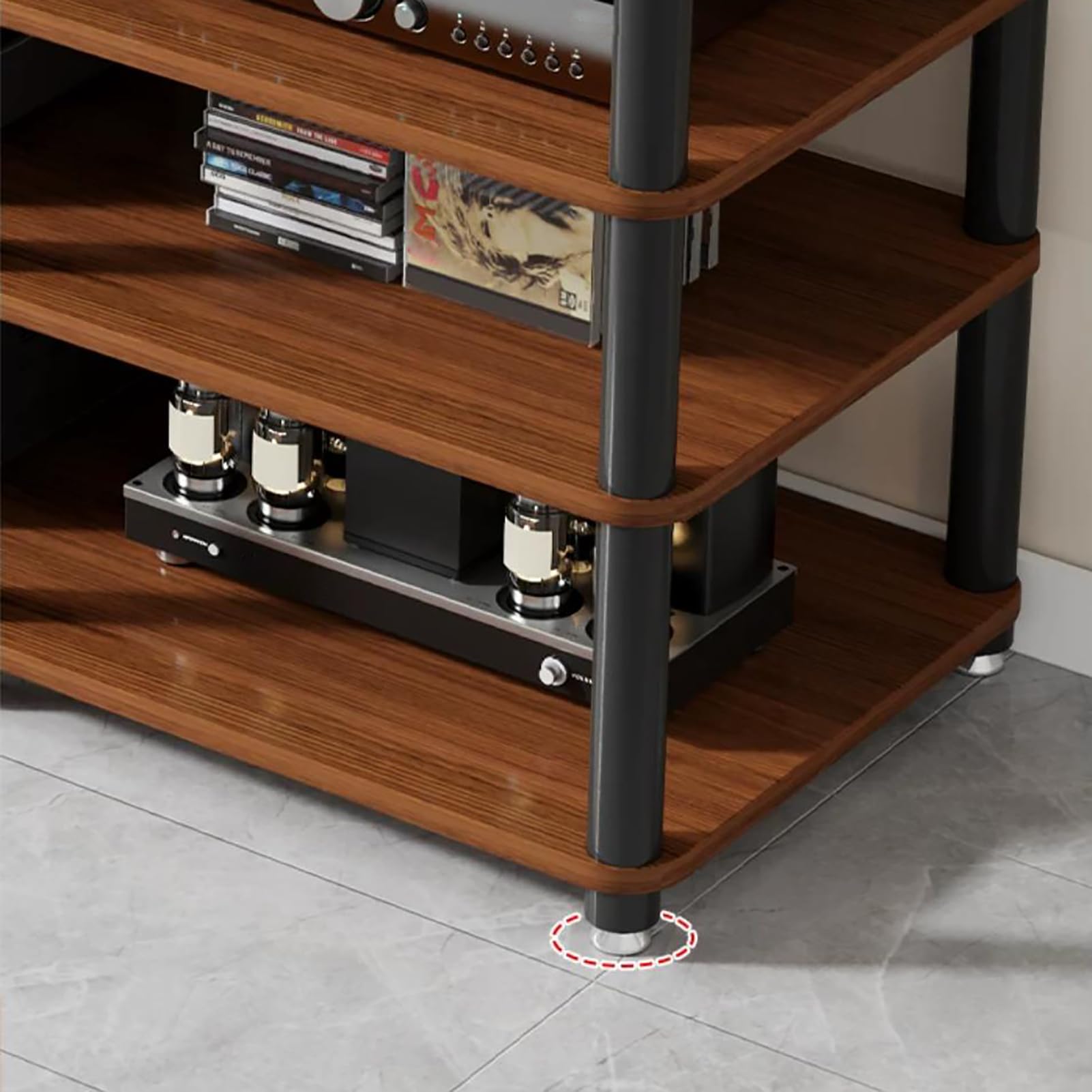 Soporte multimedia AV, torre de rack de audio de 2 niveles para cine en casa, gabinete de componentes estéreo, acabado natural, diseño compacto para almacenamiento y organización de medios