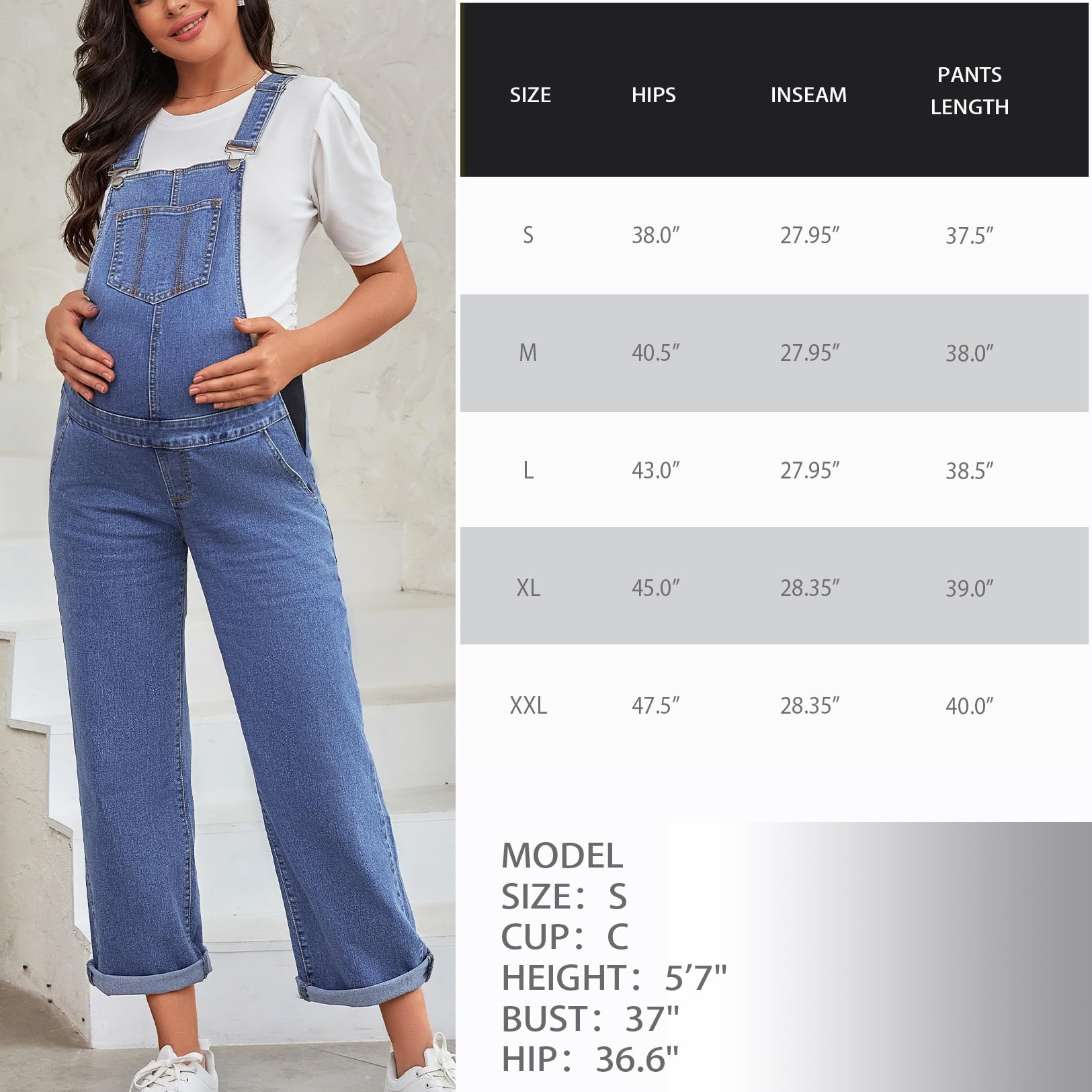 Salopette premaman con bretelle gamba dritta lunghezza alla caviglia tuta in denim premaman per donna incinta
