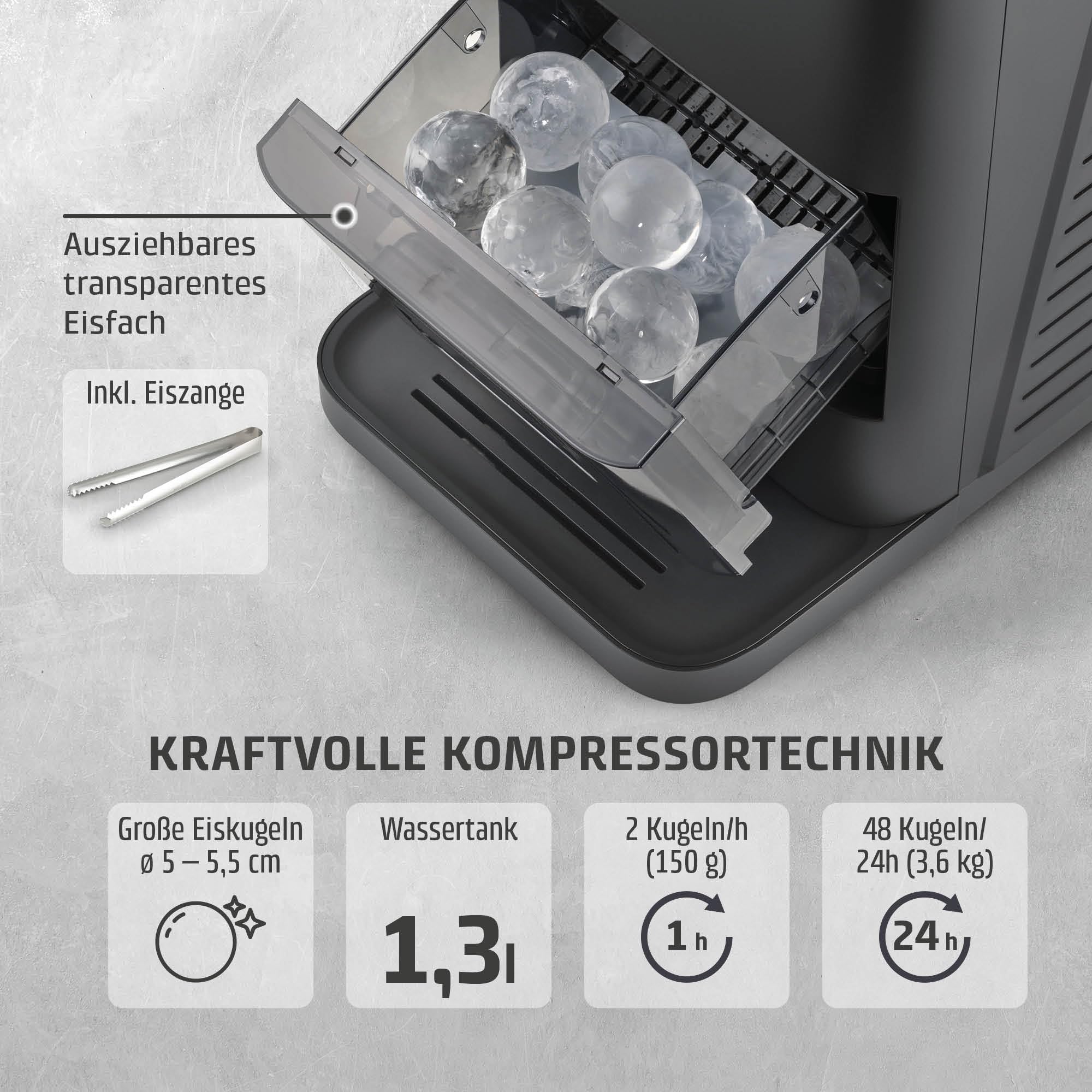 CASO IceBall Pro Eiskugelbereiter mit Kompressor – Kristallklare Eiskugeln 50–55 mm, 2 Kugeln/Stunde, 1,3 l Wassertank, Selbstreinigung, LED-Anzeige, mattschwarz