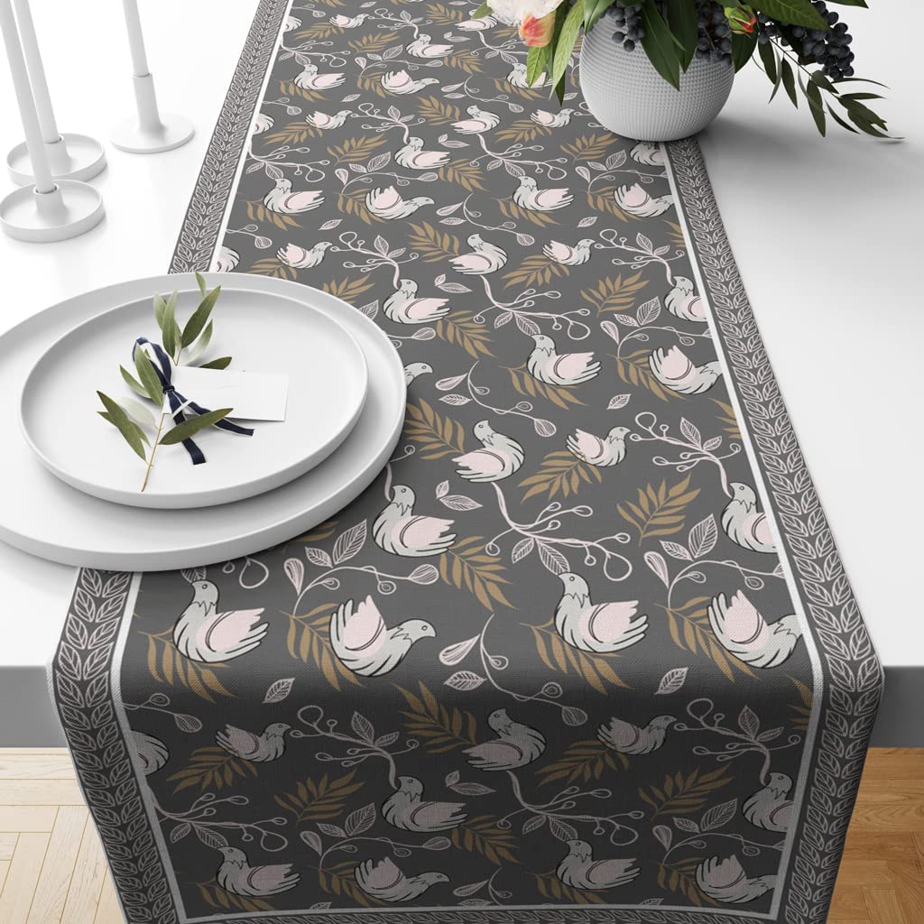 AstitvaCotton Table Runner for 6-8 Seater - Bloomy Bird Printed Table Decor - Size 12x72 inches- Modern Aesthetic Home Decor Tablecloth for Centre and Coffee Table - Washable, Grey
