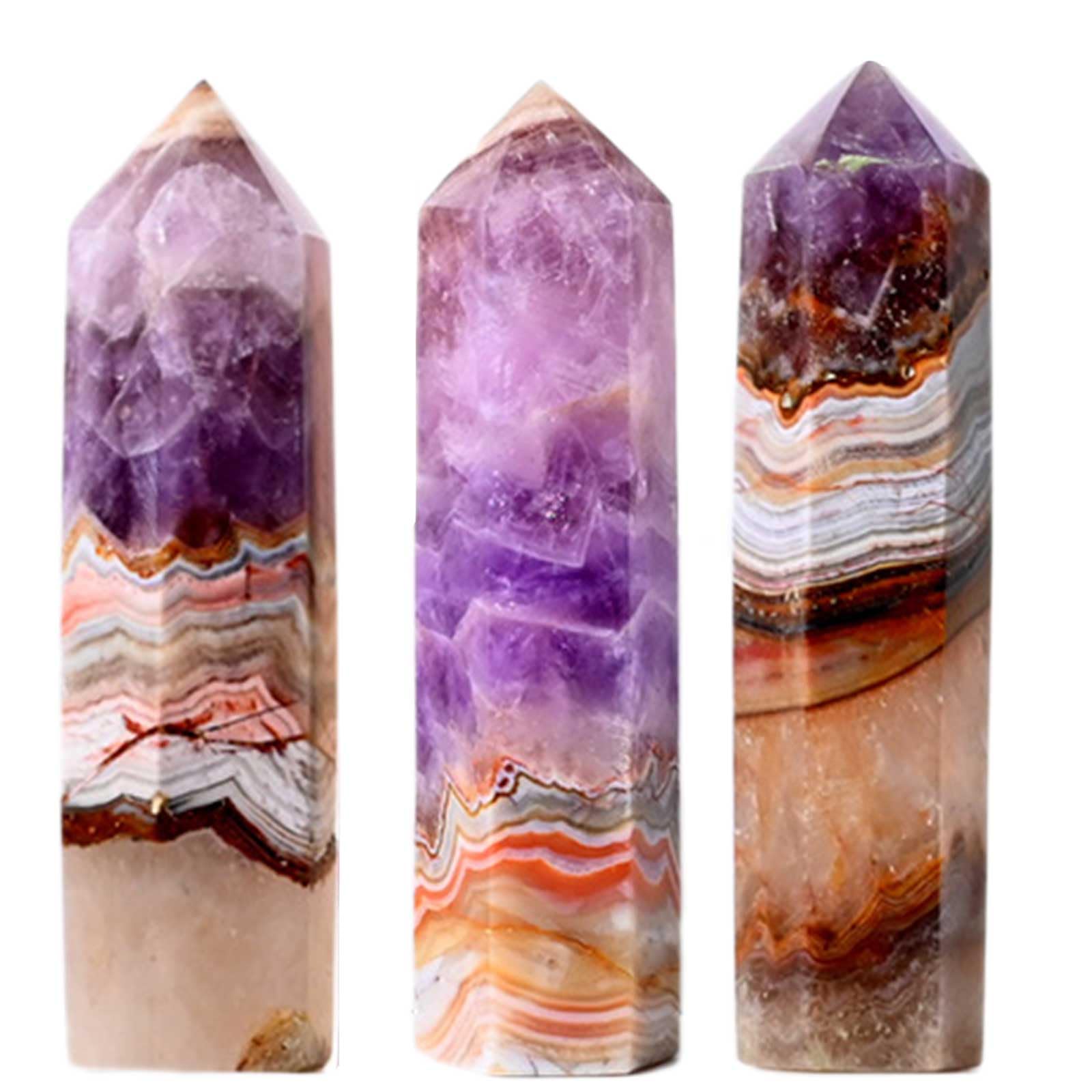 DECORN Purple Amethyst Agate Stone Healing Crystals Wand Large Healing Crystal Tower Obelisk Reiki Energy Stone Points Crafts, Feng Shui Home Desktop Ornament 3pcs