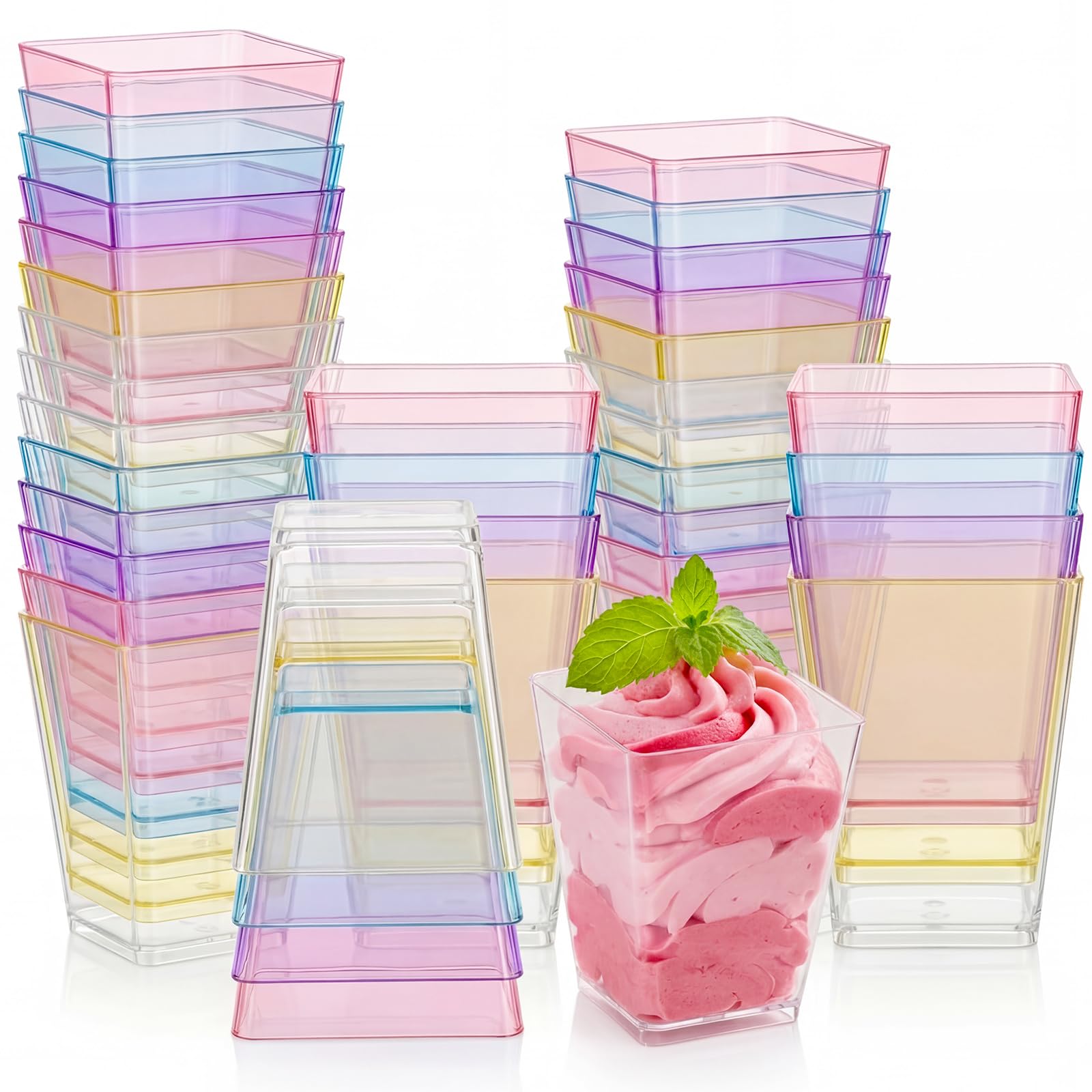 Photo 1 of Mifoci 50 Pcs Mix Color 5 oz Plastic Dessert Cups Appetizer Cups for Parties Mini Square Disposable Dessert Bowls Parfait Bowls for Pudding Fruit Yogurt Ice Cream Mousse