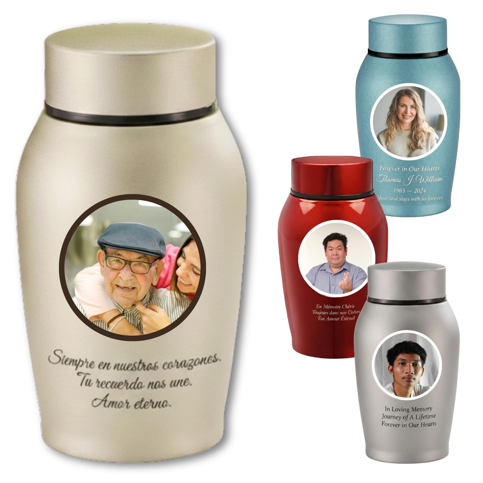 Personalized Titanium Steel Keepsake Cremation Urn for Human Ashes | Custom Color Portrait & Crystal Raised Lettering | Handcrafted Small Memorial Urn (1, Champagne Gold)