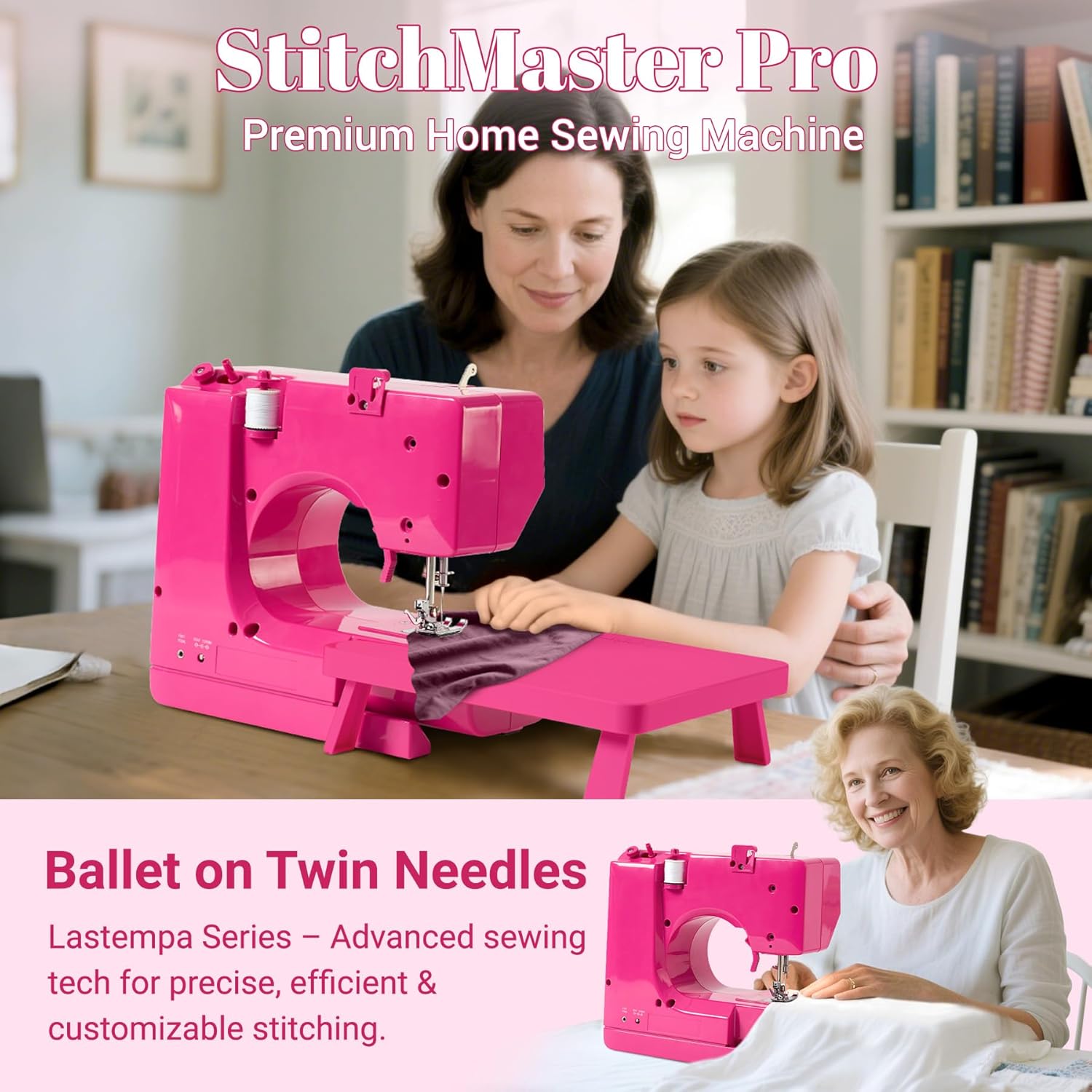 StitchMaster Pro Sewing Machine - Twin/Double Needle Compatible, 14 Stitches, Easy for Beginners & Home Users (Pink)