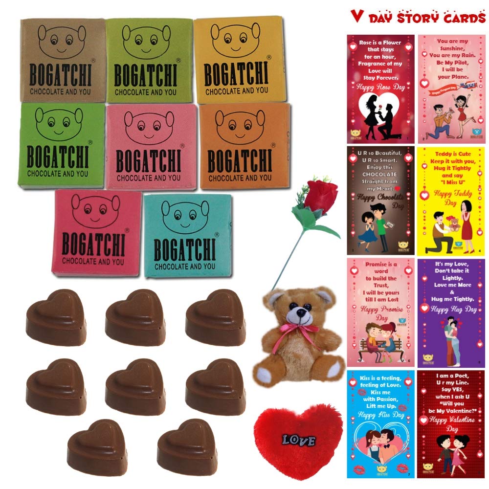 BOGATCHI Valentines Day Chocolate Gift, Complete Set, 8 Chocolate Hearts + Free All Days Cards + Teddy + Rose + Fur Heart, Celebrate Valentines Week