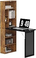 HOMCOM Foldable Wall-Mounted Computer Desk with Chalkboard & Storage Shelves - Space-Saving for Home Office, Dorm, Rustic Brown