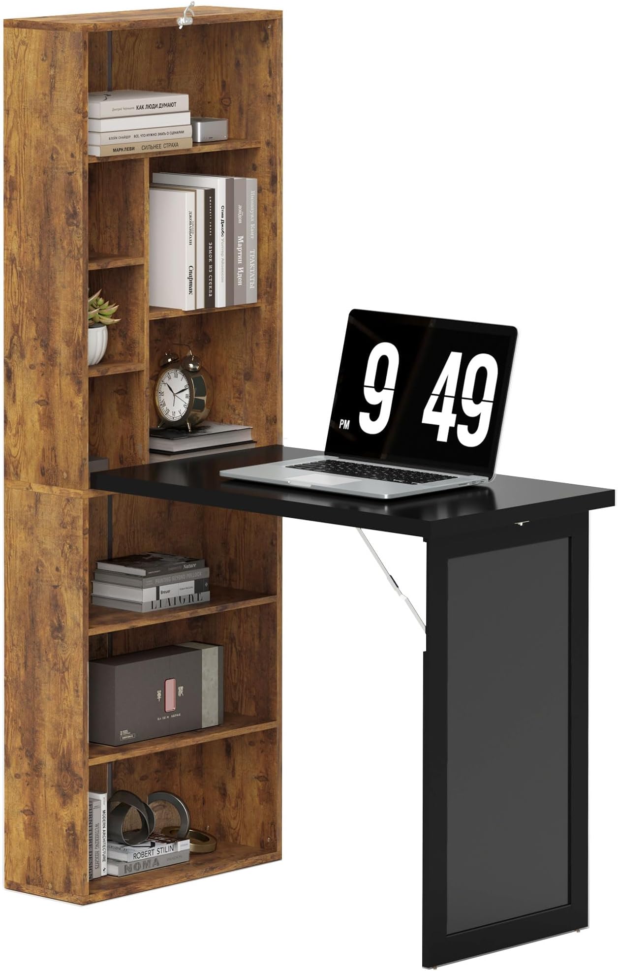 HOMCOM Wall Mounted Computer Desk, Space Saving Folding Study Table with Black Board, Bookshelf, Floating Writing Desk with Adjustable Shelf, 9 Open Compartments for Small Space, Rustic Brown