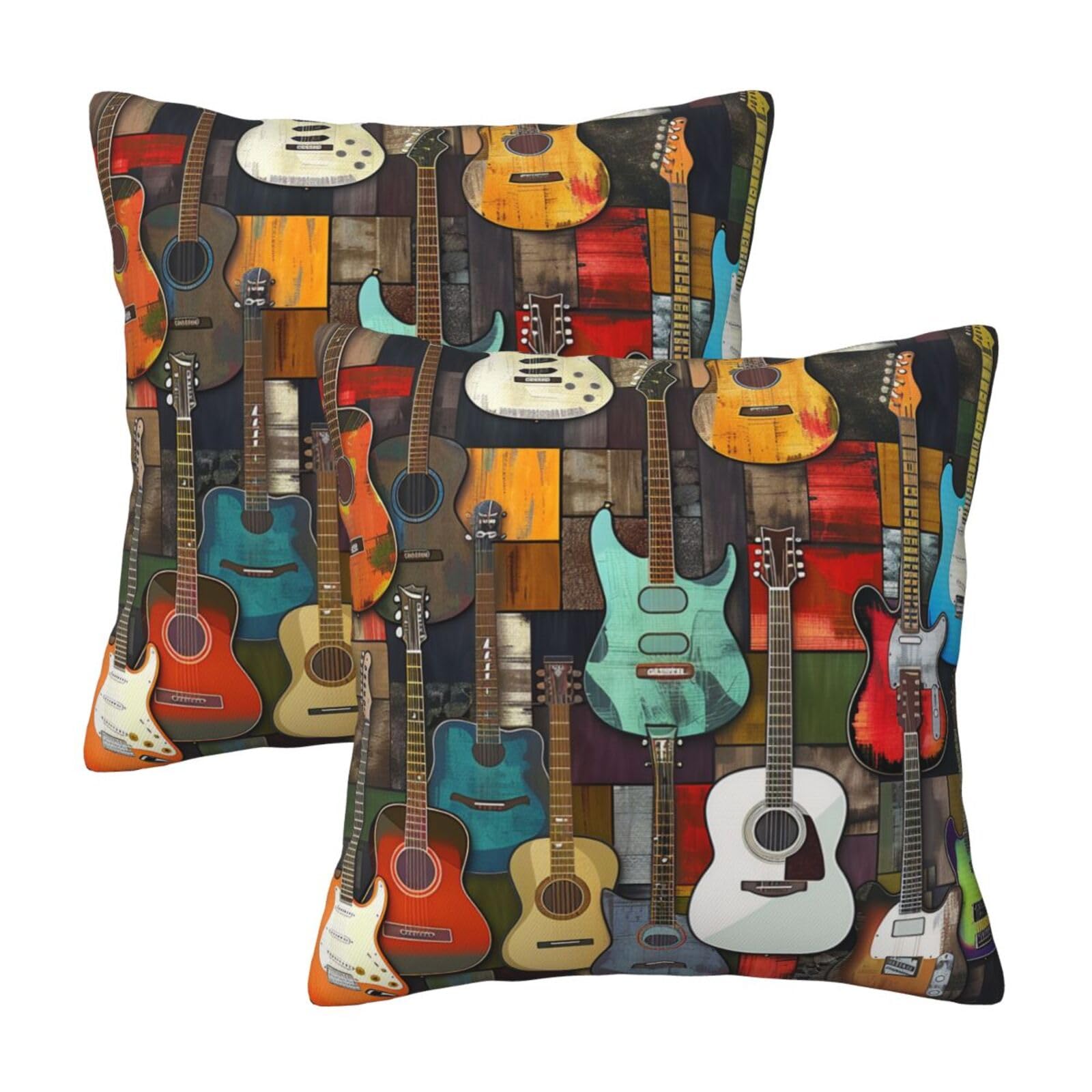 Color Acoustic and Guitars Throw Pillow Cases 2 Pack Square Pillowcases Soft Pillow Protectors for Couch Livingroom Sofa Bed Office Car,40x40 CM
