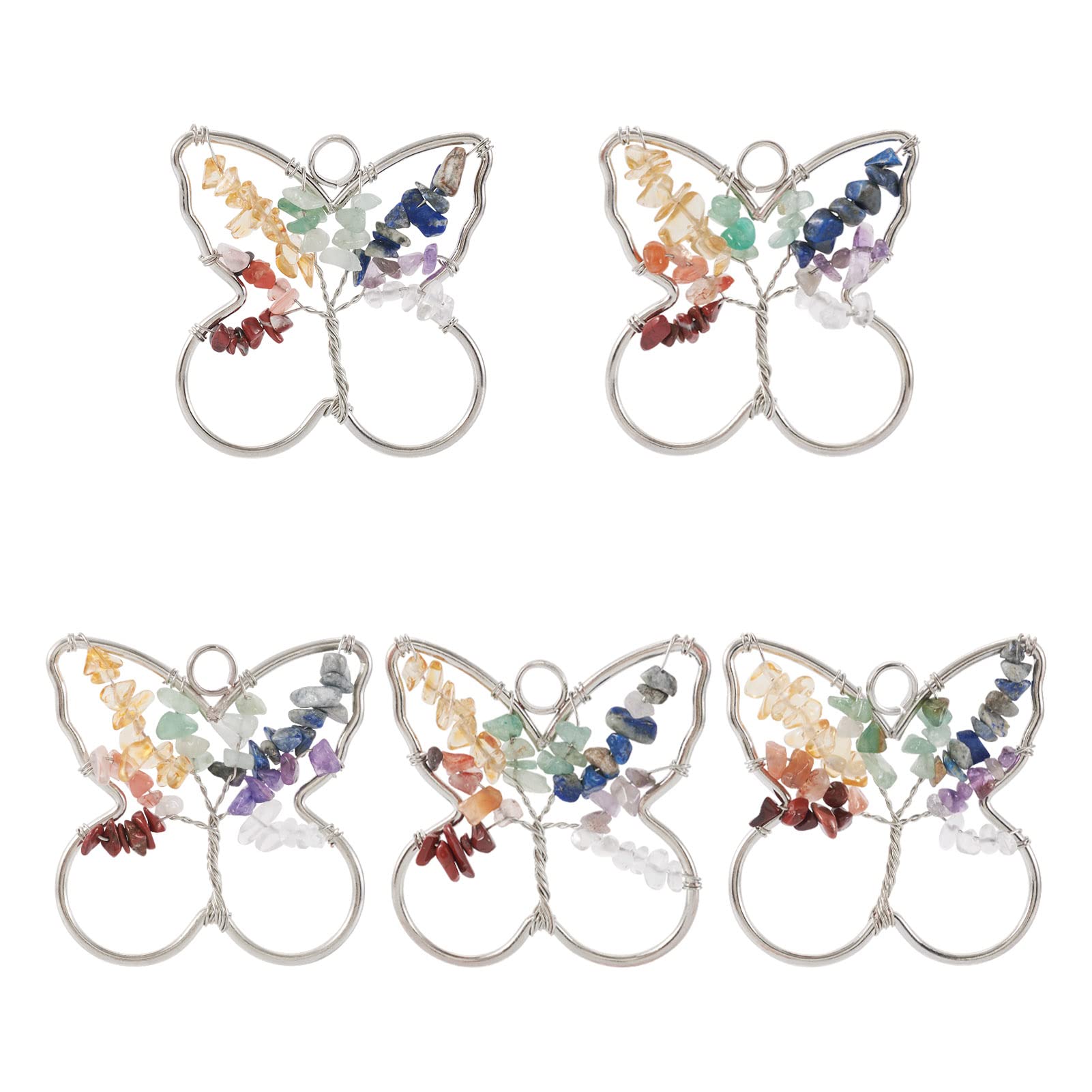 PandaHall 5pcs Tree of Life Pendants Irregular Chip Gemstone Dangle Beads Chakra Quartz Crystal Wire Wrapped Butterfly Charms for Jewelry Making