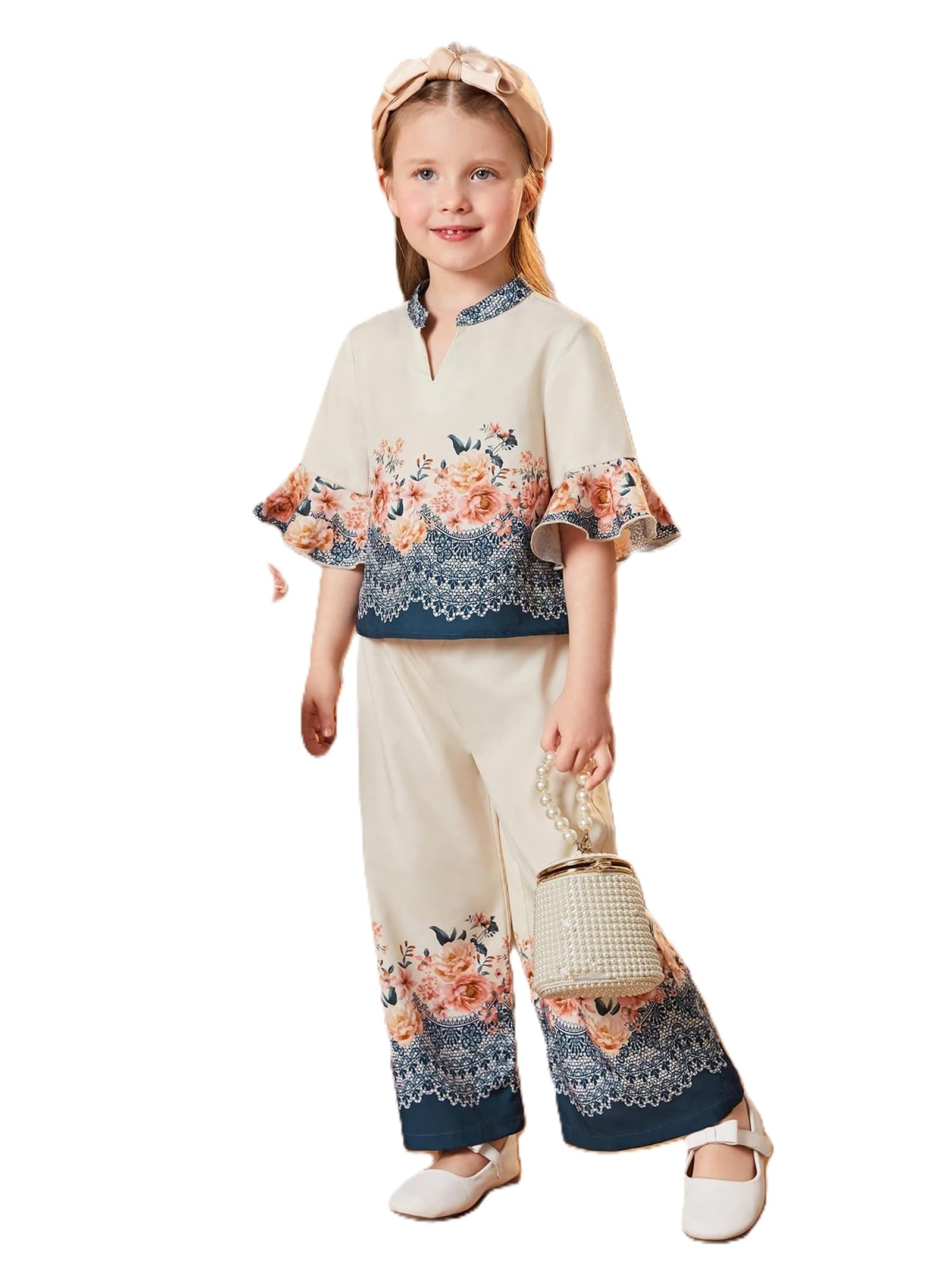 Girls Floral Print Co-Ord Set, Short Flare Sleeve Top and Wide Leg Pants Outfit, Floral Co-Ord Set for Girl-image-24
