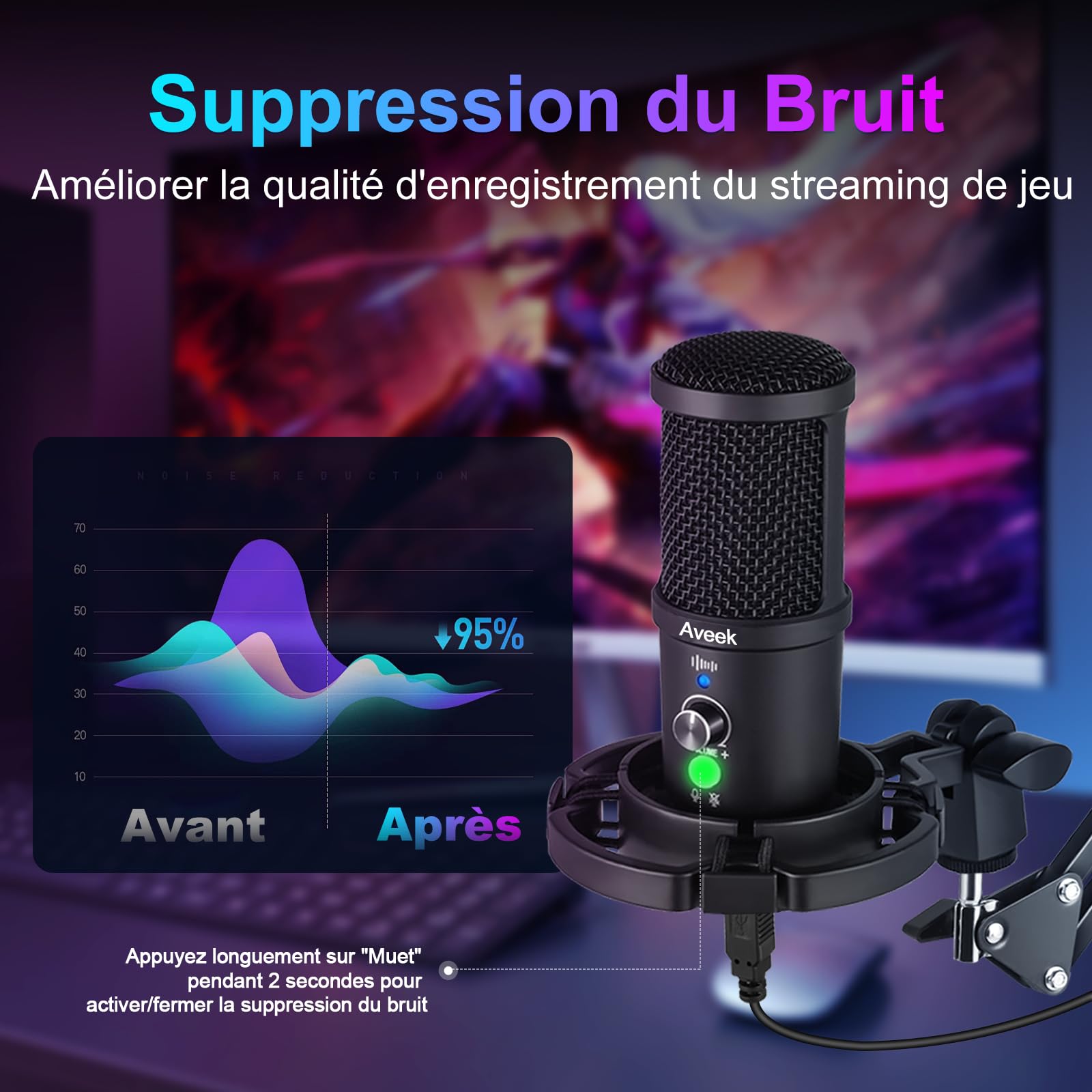 Aveek Micro USB à Condensateur avec Bras Articulé - Qualité Studio, Muet, Réduction de Bruit, Plug & Play pour Podcast, Streaming, Jeu, Youtube, Compatible PC, Mac, PS5, Téléphone USB-C