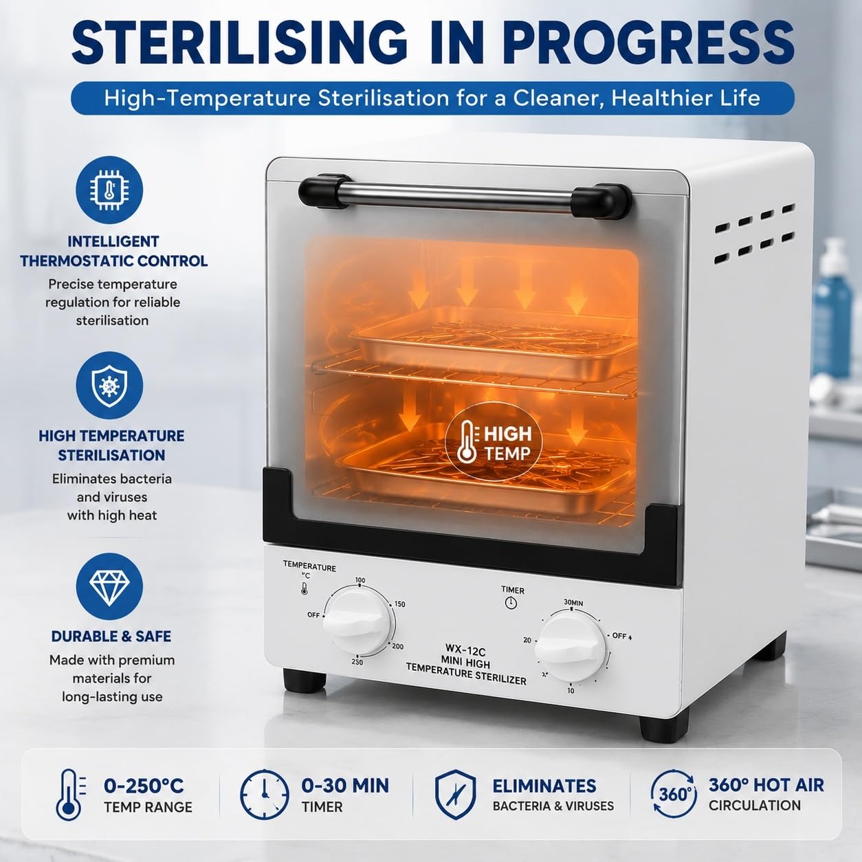 Heißluftsterilisator 12 L, Professioneller Trockensterilisator, Instrumentensterilisator 1000 W mit Doppelkammer, Temperaturregelung 0–250 °C & 0–30 Min Timer, Desinfektionsgerät für Instrumente