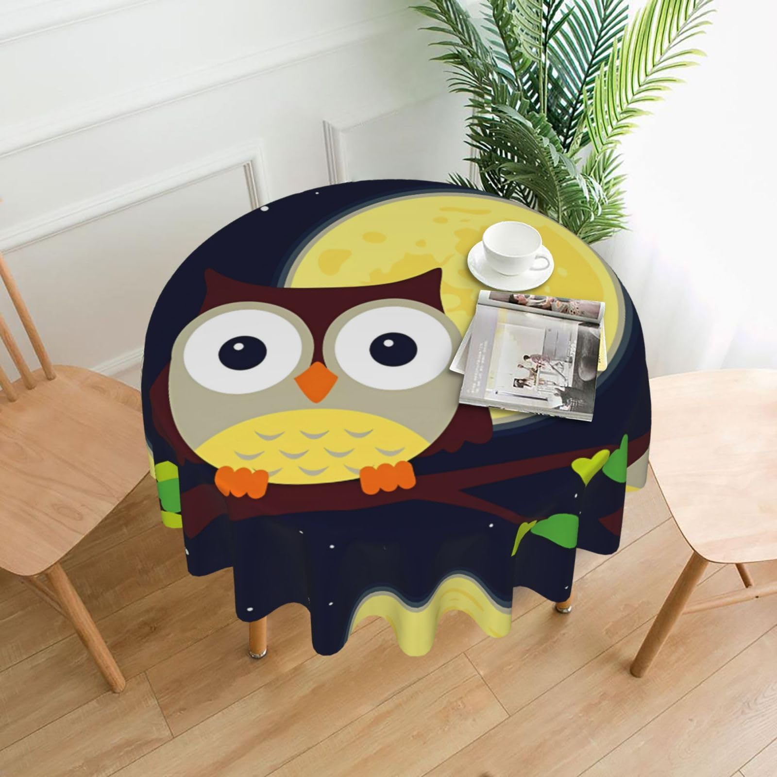 YYHWHJDE Owl and Yellow Moon Prints Round Decorative Tablecloth 60in – Elevate Your Dining Space with this Elegant Throw for Everyday Charm & Special Occasions