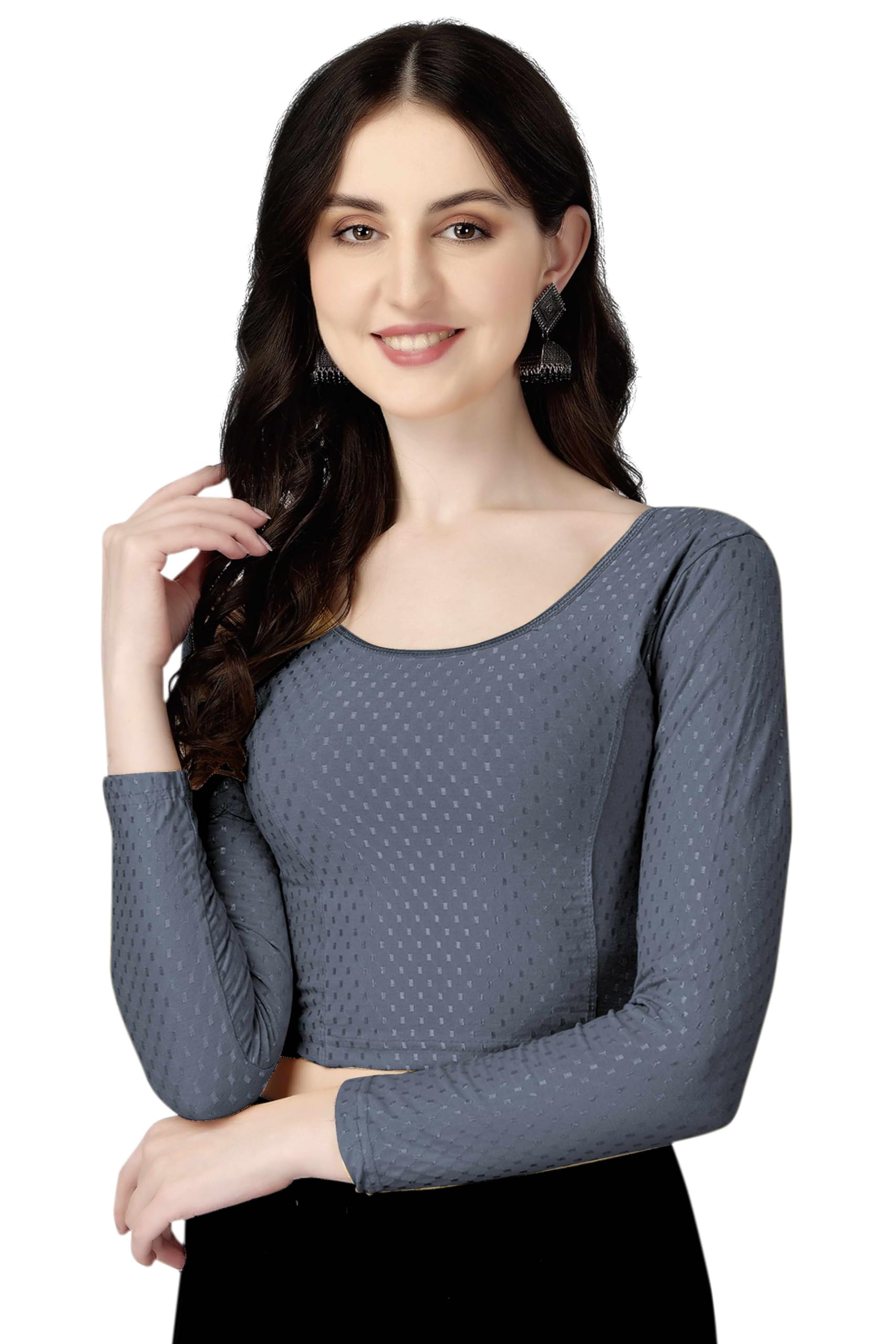Shiv Textiles Round Neck Dobby Cotton Lycra Stretchable Elbow Sleeve Readymade Saree Blouse For Women Stylish (Greyfree Size Full Sleeve)