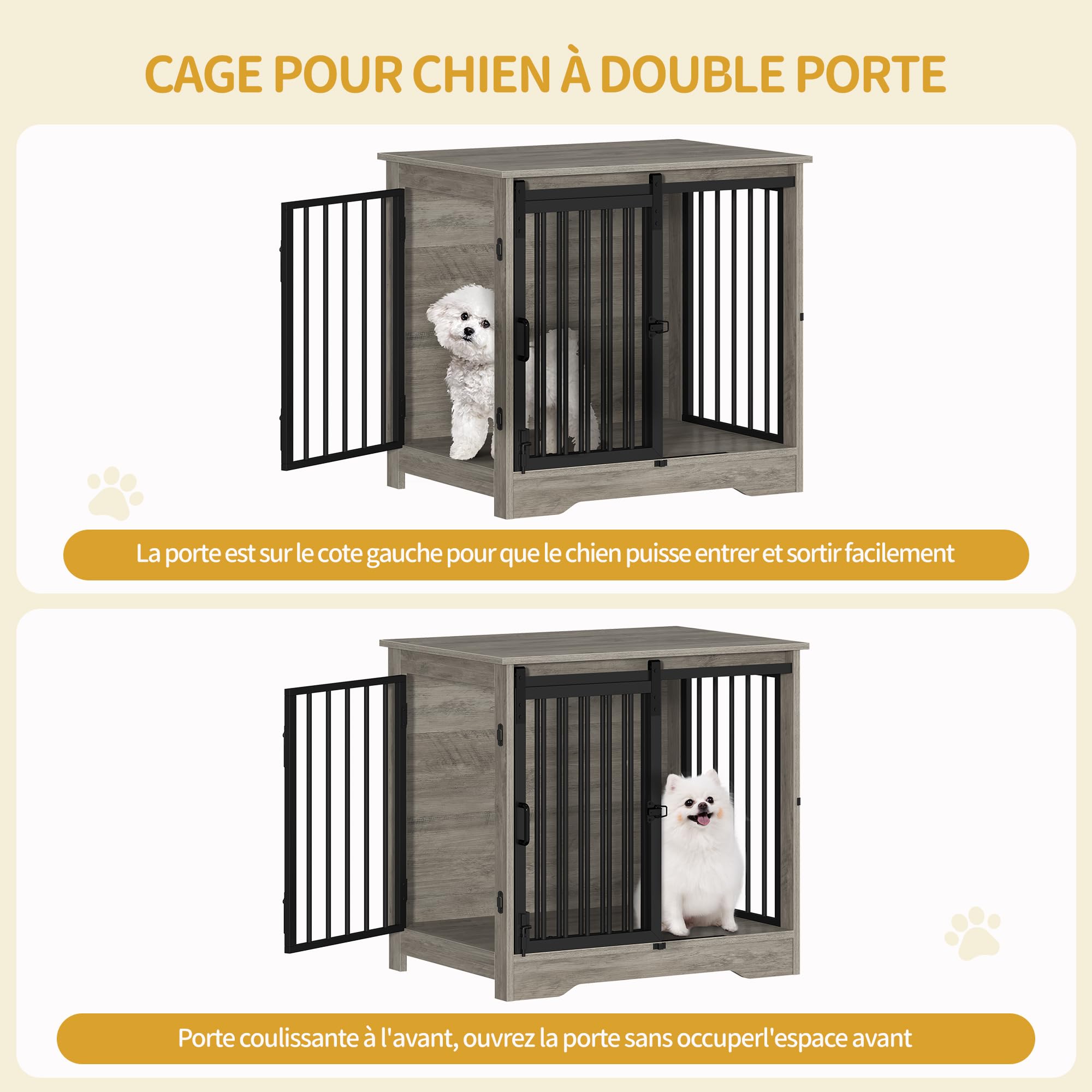 Hzuaneri 69 cm Cage pour Chiens, Table d’Appoint, Niche Moderne pour Chiens, Cage pour Chiots, Maisonnette pour Animaux, 2 Portes, 69 × 49 × 64,5 cm, Ivoire Clair DFC84305B