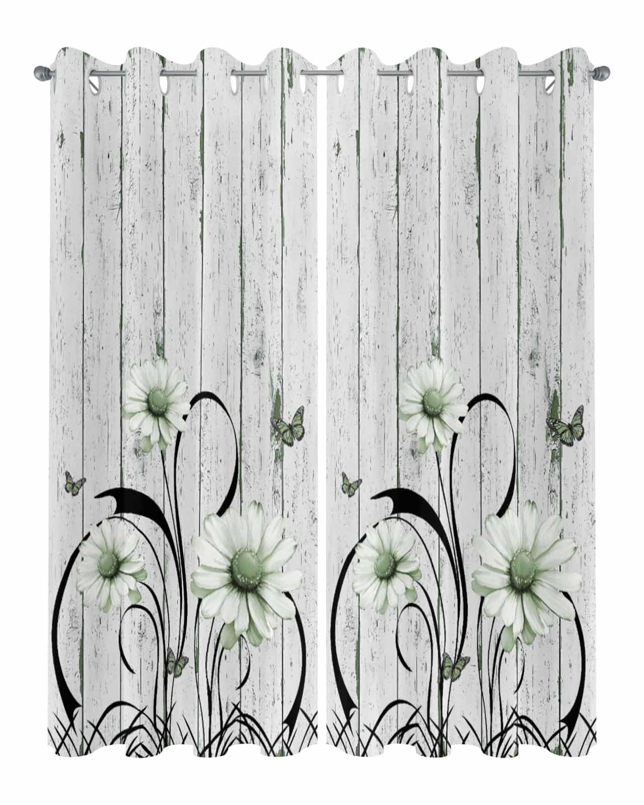 Waterproof Outdoor Curtains for Patio Porch, Abstract Watercolor Floral Daisy Grommet Curtain Panel Windproof Outside Curtains Tieback, Mottled Wooden Board Weighted Window Treatment Drapes