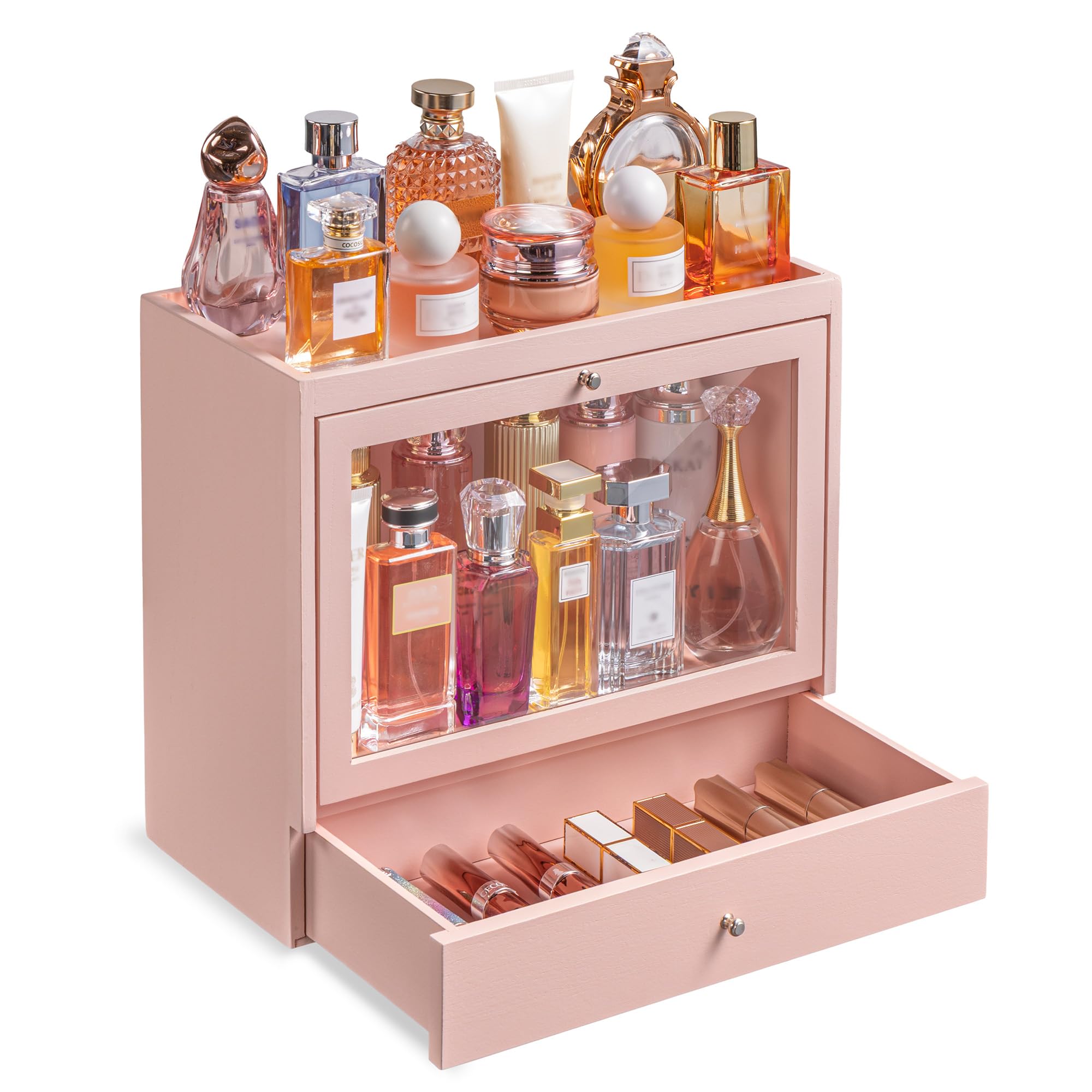 Soporte de colonia, organizador de perfume de madera maciza para hombre, organizador de perfume a prueba de polvo de gran capacidad con cajón de almacenamiento de perfumes, joyas y cosméticos