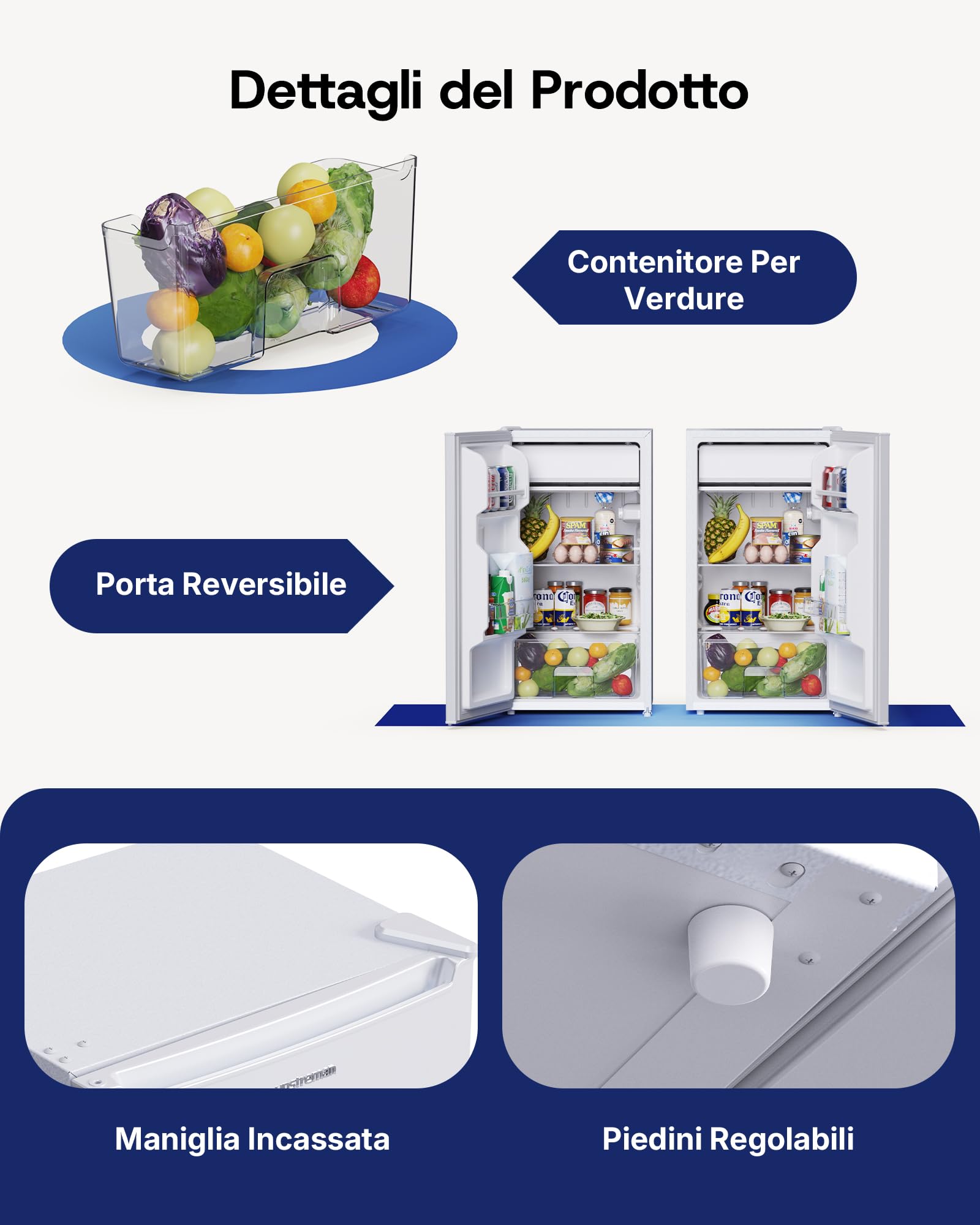 Upstreman 85 Litri Frigorifero Piccolo, LED Integrata, Termostato Regolabile, Cassetto per le Verdure, Silenzioso, Porta Reversibile, Frigo Piccolo da Ufficio, Frigorifero da Camera, Bianco, CR85