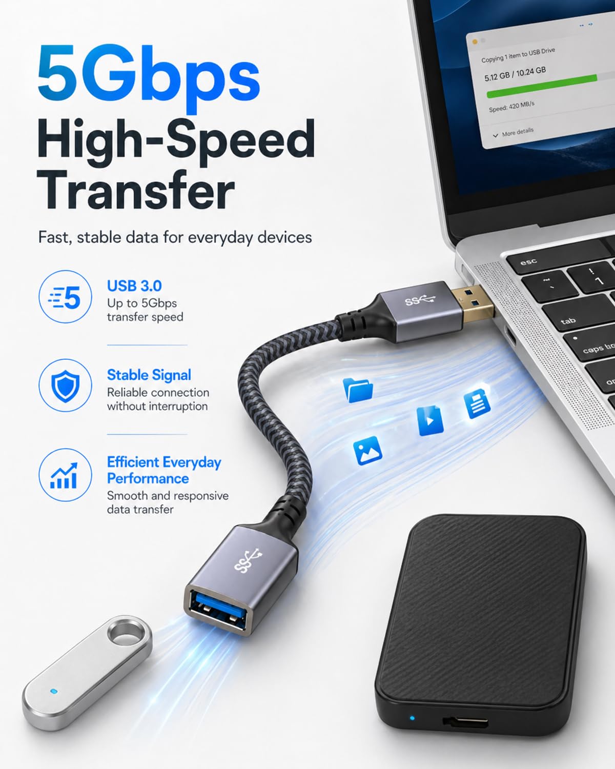 Câble d'extension USB 3.0 mâle vers femelle Matériau tressé durable Transfert de données élevé Compatible avec clavier, souris, clé USB, disque dur, imprimante 3 m