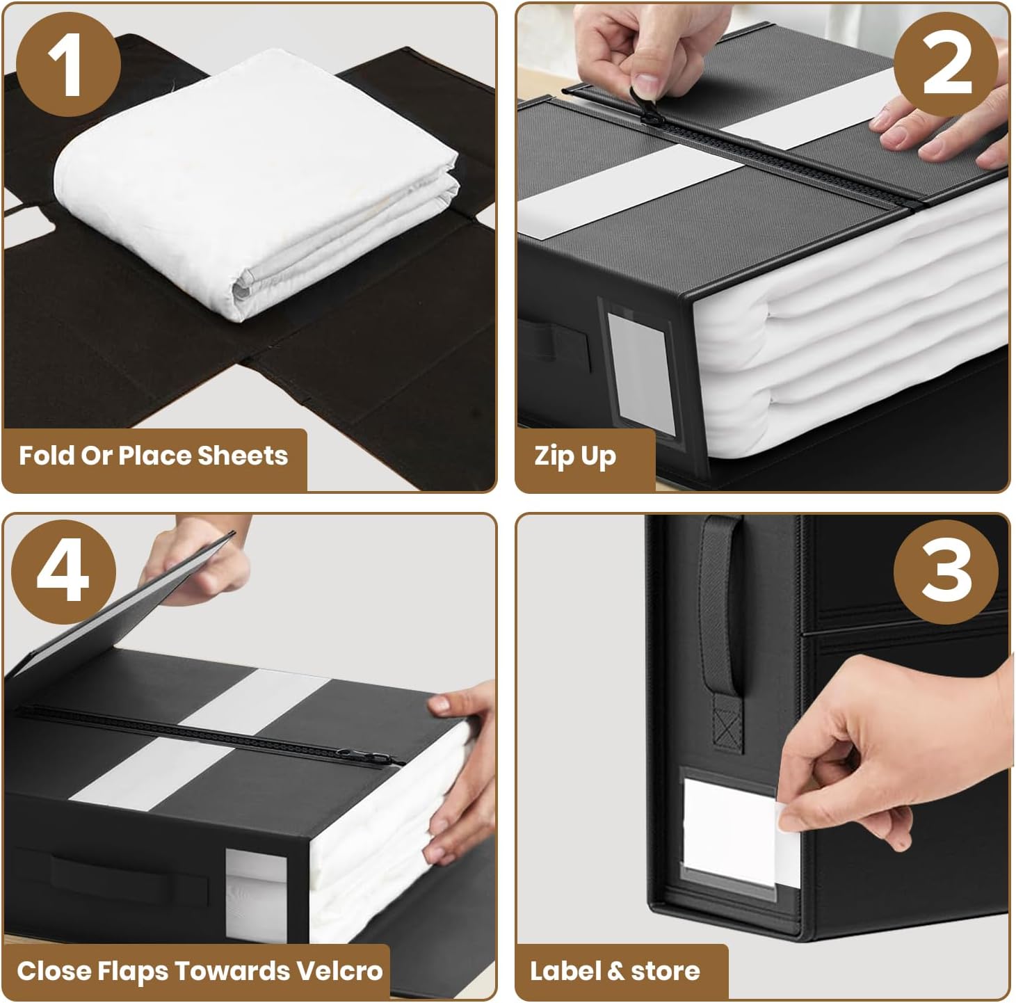 Foldable Linen Closet Organizer with Clear Window & Handles – Extra Large Storage for King, Queen Comforters, Blankets, Bedsheets – Under Bed Storage, Sheet Organizer (Black, 3-Pack)