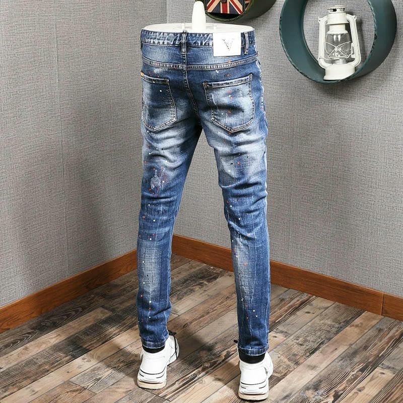 Streetwear Men Jeans Retro Elastic Slim Fit Ripped Jeans Trousers Mens Painted Elastic Hip Hop Denim Pencil Pants2