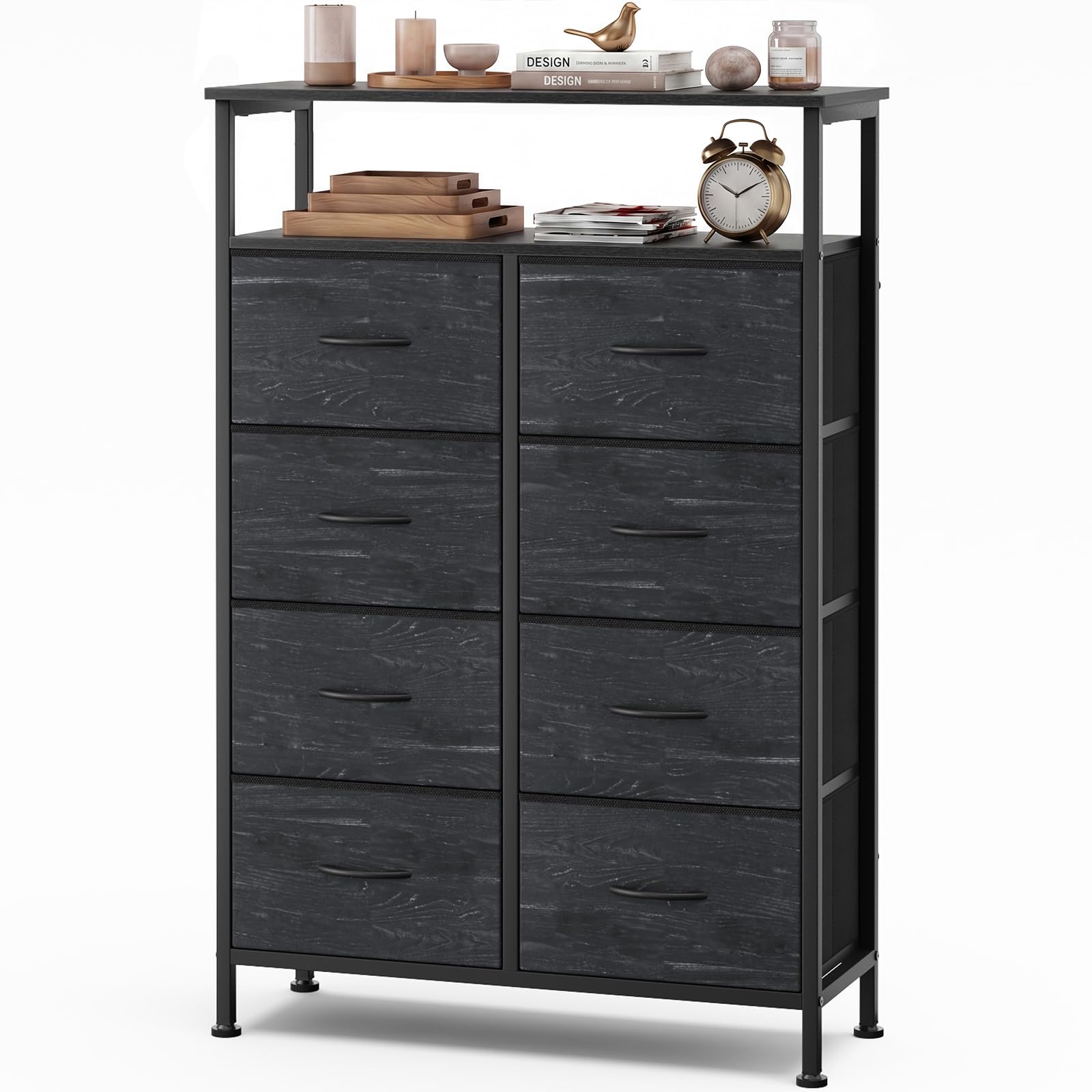 OLIXIS 8 Drawers Fabric Dresser, Tall Chest with Raised Shelf, Black Wood