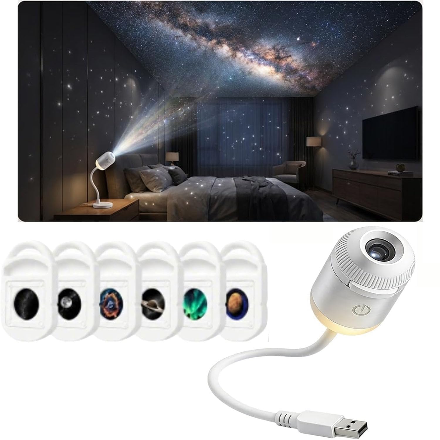 Smart Dynamic 5DHolographic Night Light Projector,2-in-1 Star Projector Light with 3/6/12/24 Sliding Projection Films,Plug and Play Star Projector,360° Adjustable,for Bedroom Ceiling Wall (6 lens)