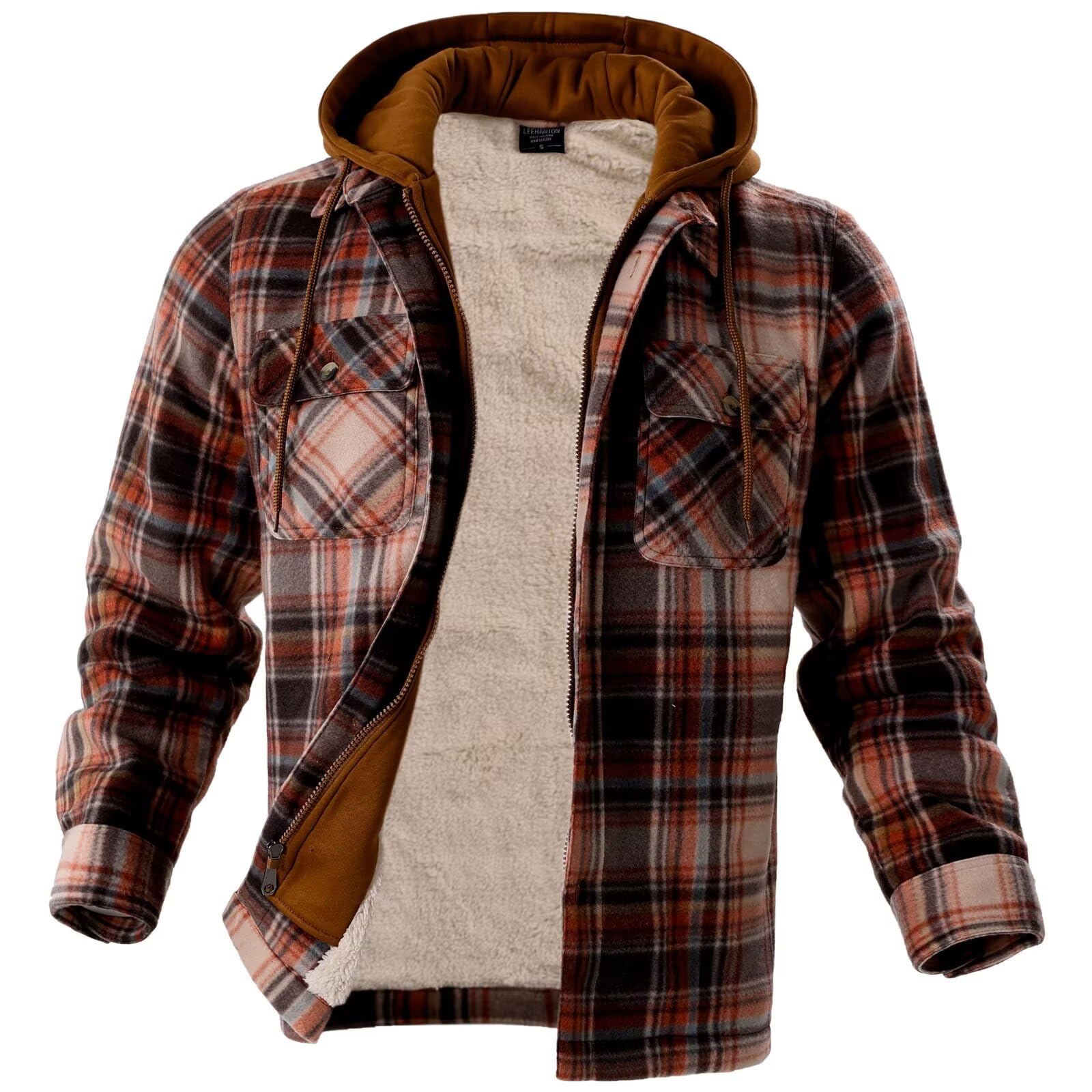 LeeHanTon Mens Flannel Jacket Heavyweight Sherpa Fleece Jackets Outdoor Hiking Casual Soft Warm Coat with Pockets